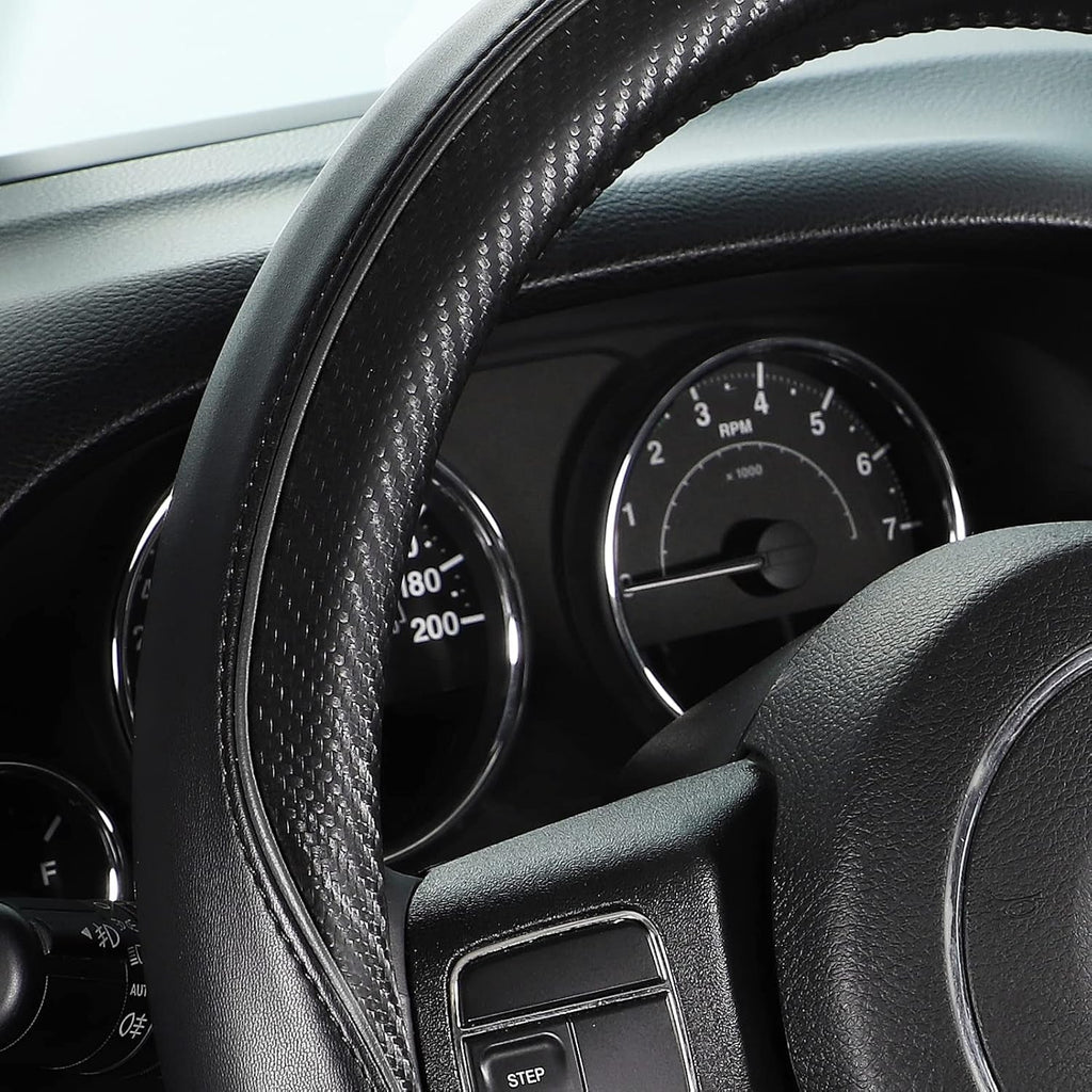 Car Steering Wheel Cover Large-Size for F150 F250 F350 Ram 4Runner Tacoma Tundra Range Rover with 15 1/2"-16" Outer Diameter Leather with Carbon Fiber Pattern Black - Revved Up Tools