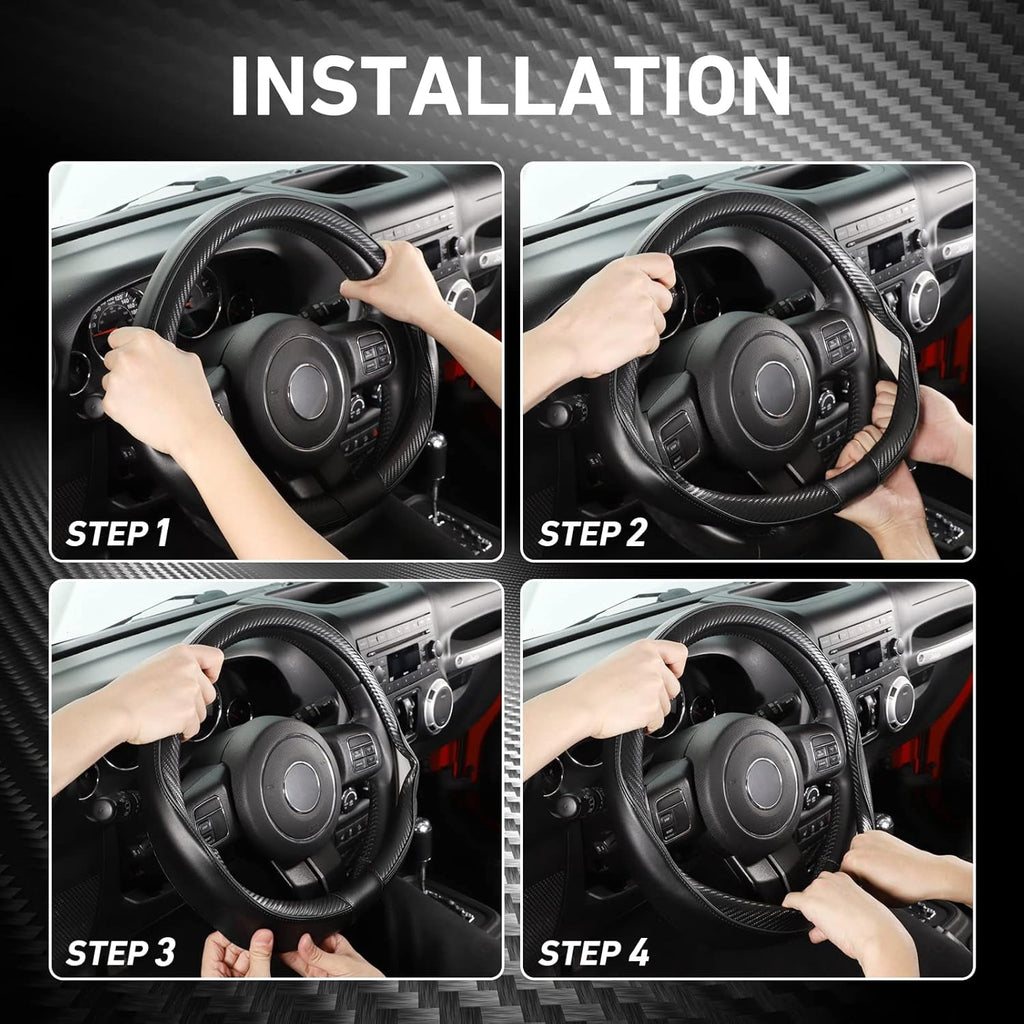 Car Steering Wheel Cover Large-Size for F150 F250 F350 Ram 4Runner Tacoma Tundra Range Rover with 15 1/2"-16" Outer Diameter Leather with Carbon Fiber Pattern Black - Revved Up Tools
