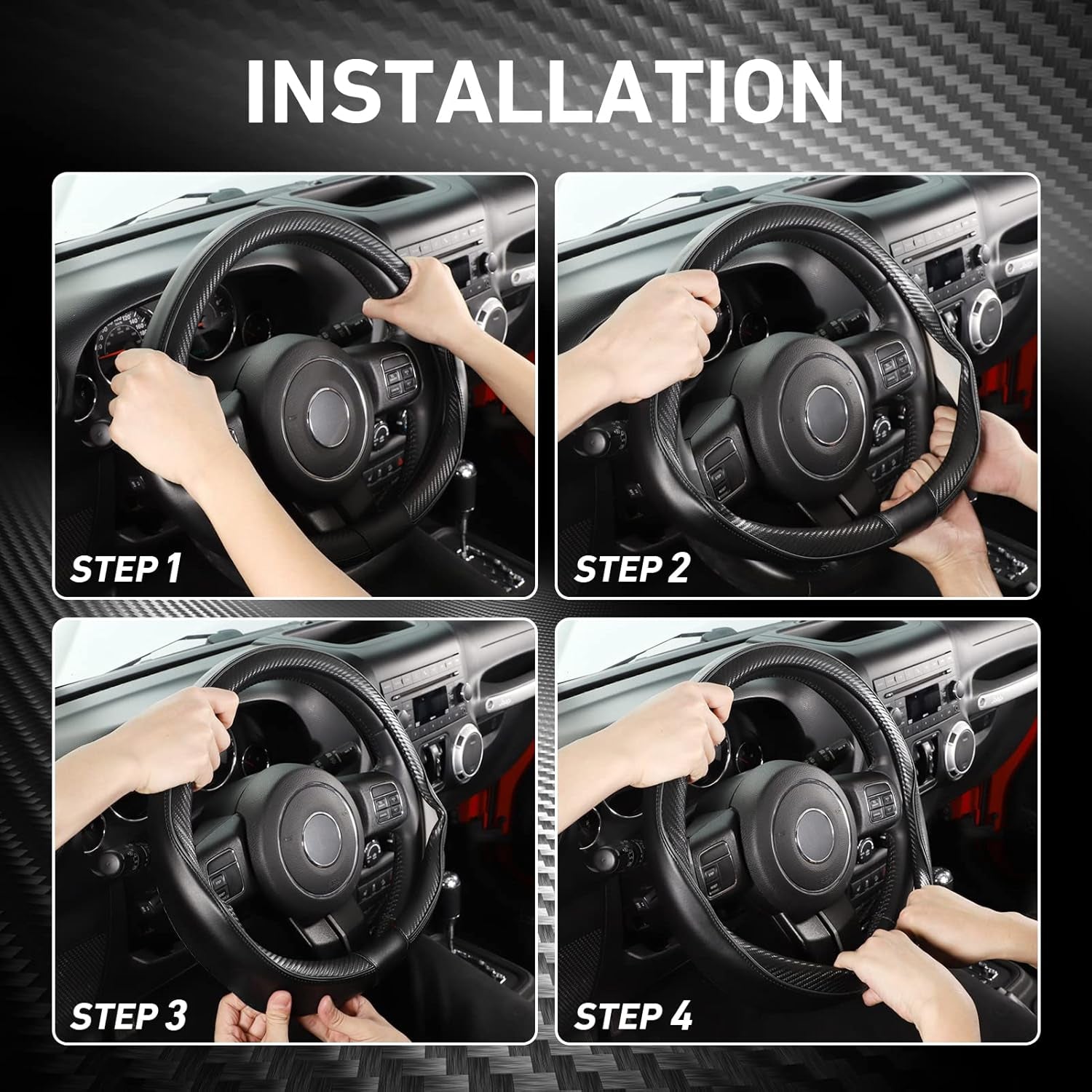 Car Steering Wheel Cover Large-Size for F150 F250 F350 Ram 4Runner Tacoma Tundra Range Rover with 15 1/2"-16" Outer Diameter Leather with Carbon Fiber Pattern Black - Revved Up Tools