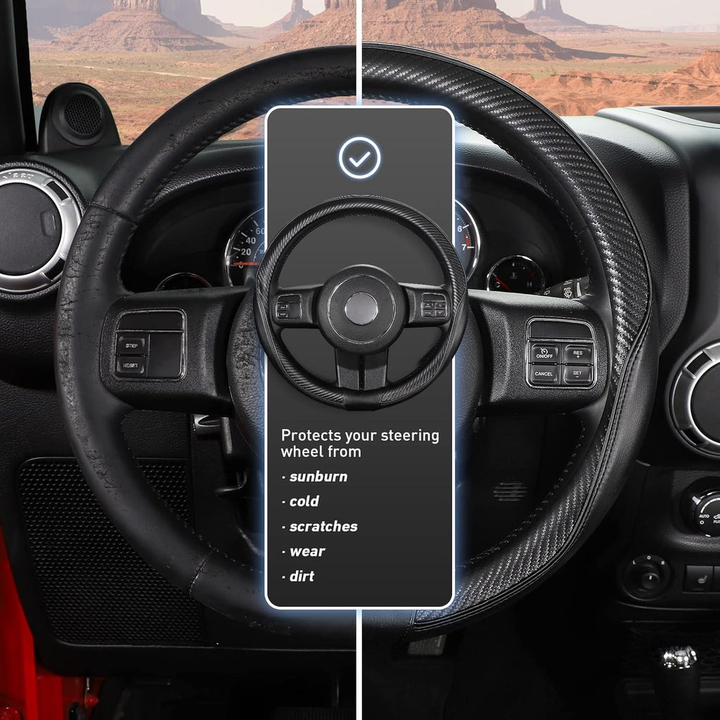 Car Steering Wheel Cover Large-Size for F150 F250 F350 Ram 4Runner Tacoma Tundra Range Rover with 15 1/2"-16" Outer Diameter Leather with Carbon Fiber Pattern Black - Revved Up Tools