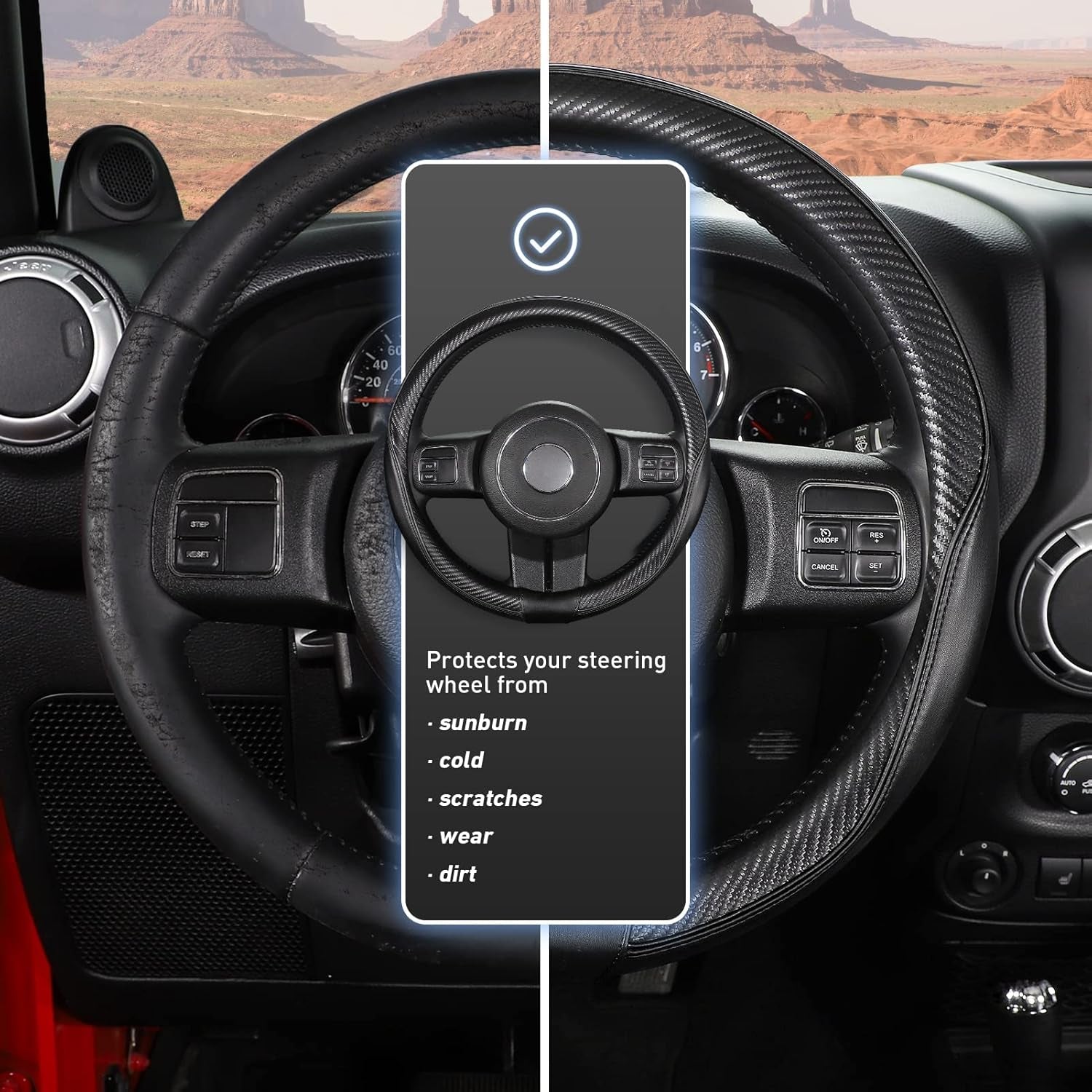 Car Steering Wheel Cover Large-Size for F150 F250 F350 Ram 4Runner Tacoma Tundra Range Rover with 15 1/2"-16" Outer Diameter Leather with Carbon Fiber Pattern Black - Revved Up Tools