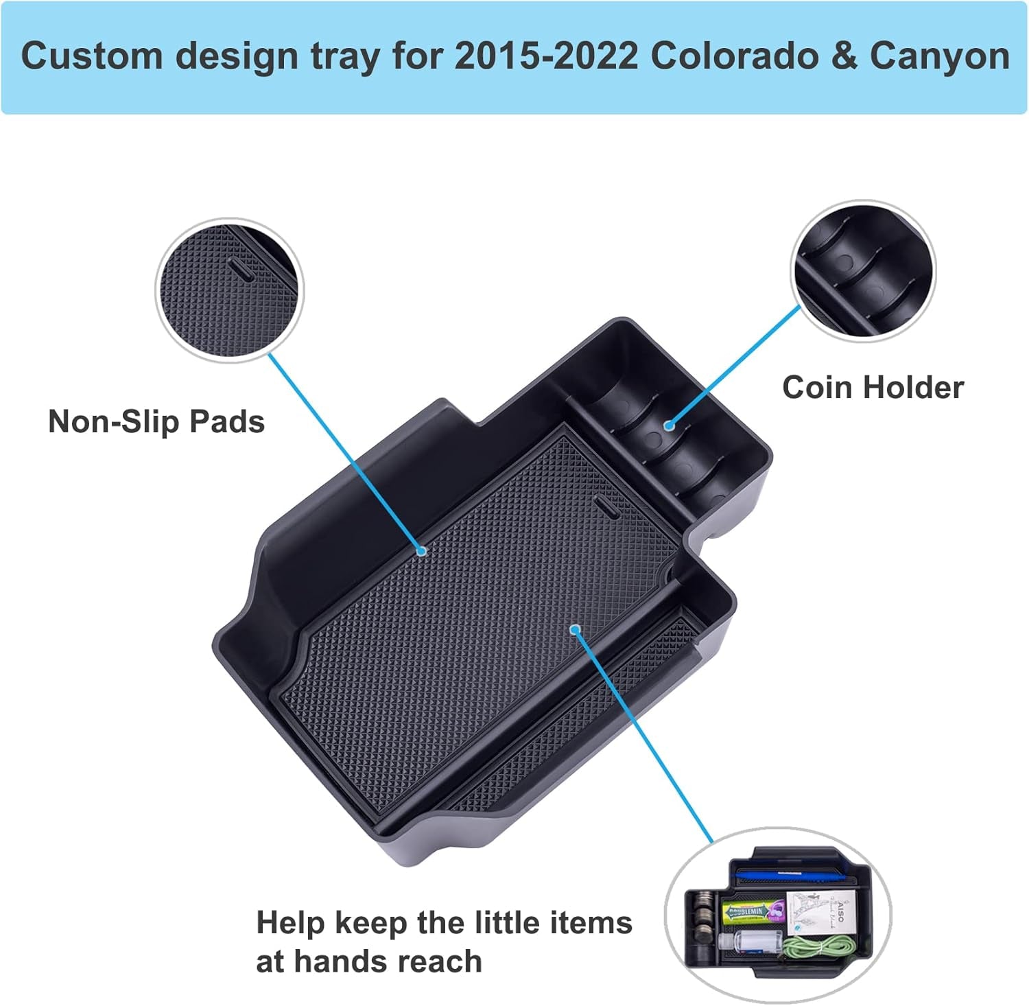 Center Console Organizer Compatible with Chevy Colorado/Gmc Canyon 2015-2021 2022, Armrest Insert Tray Secondary Storage Box-Black - Revved Up Tools