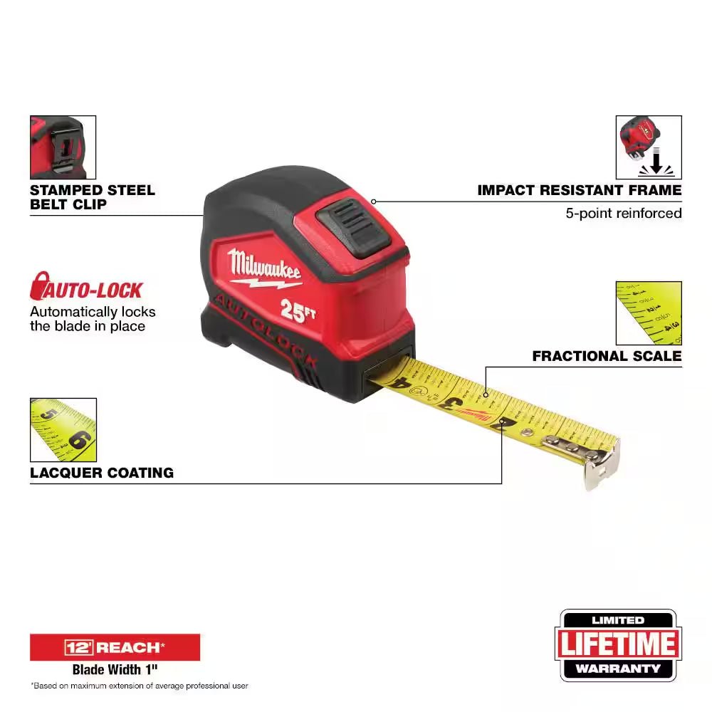 Compact Auto Lock 25 Ft. SAE Tape Measure with Fractional Scale and 9 Ft. Standout with Screwdriver Set - Revved Up Auto