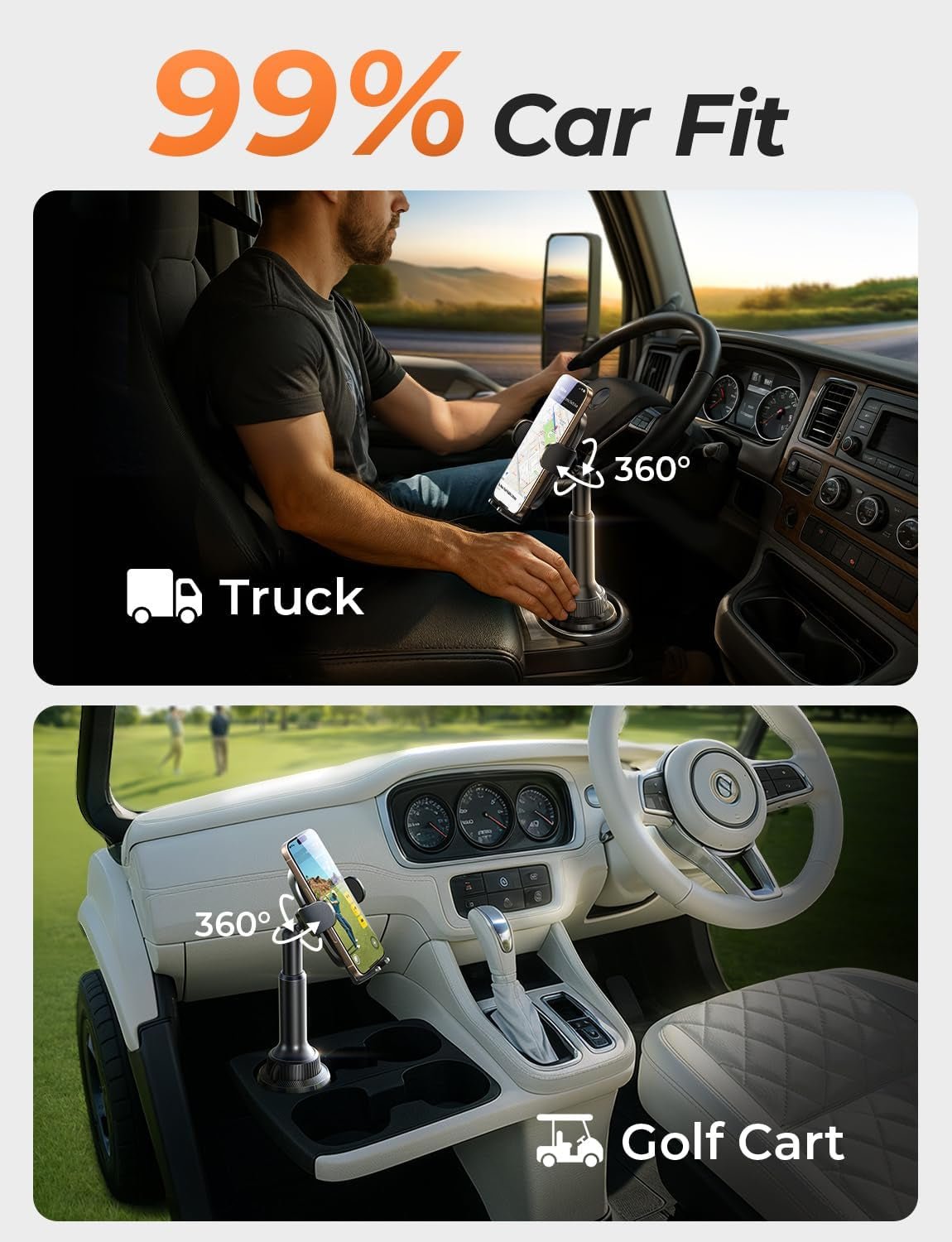 Cup Phone Holder for Car No Shaking Car Phone Holder Mount, 360° Adjustable Car Accessories for Women Truck SUV, Golf Accessories for Iphone 16E 16 15 14 13 Pro Max Samsung S25 All 4 - 7'' Phone - Revved Up Auto
