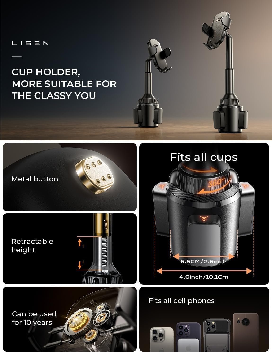 Cup Phone Holder for Car No Shaking Car Phone Holder Mount, 360° Adjustable Car Accessories for Women Truck SUV, Golf Accessories for Iphone 16E 16 15 14 13 Pro Max Samsung S25 All 4 - 7'' Phone - Revved Up Auto