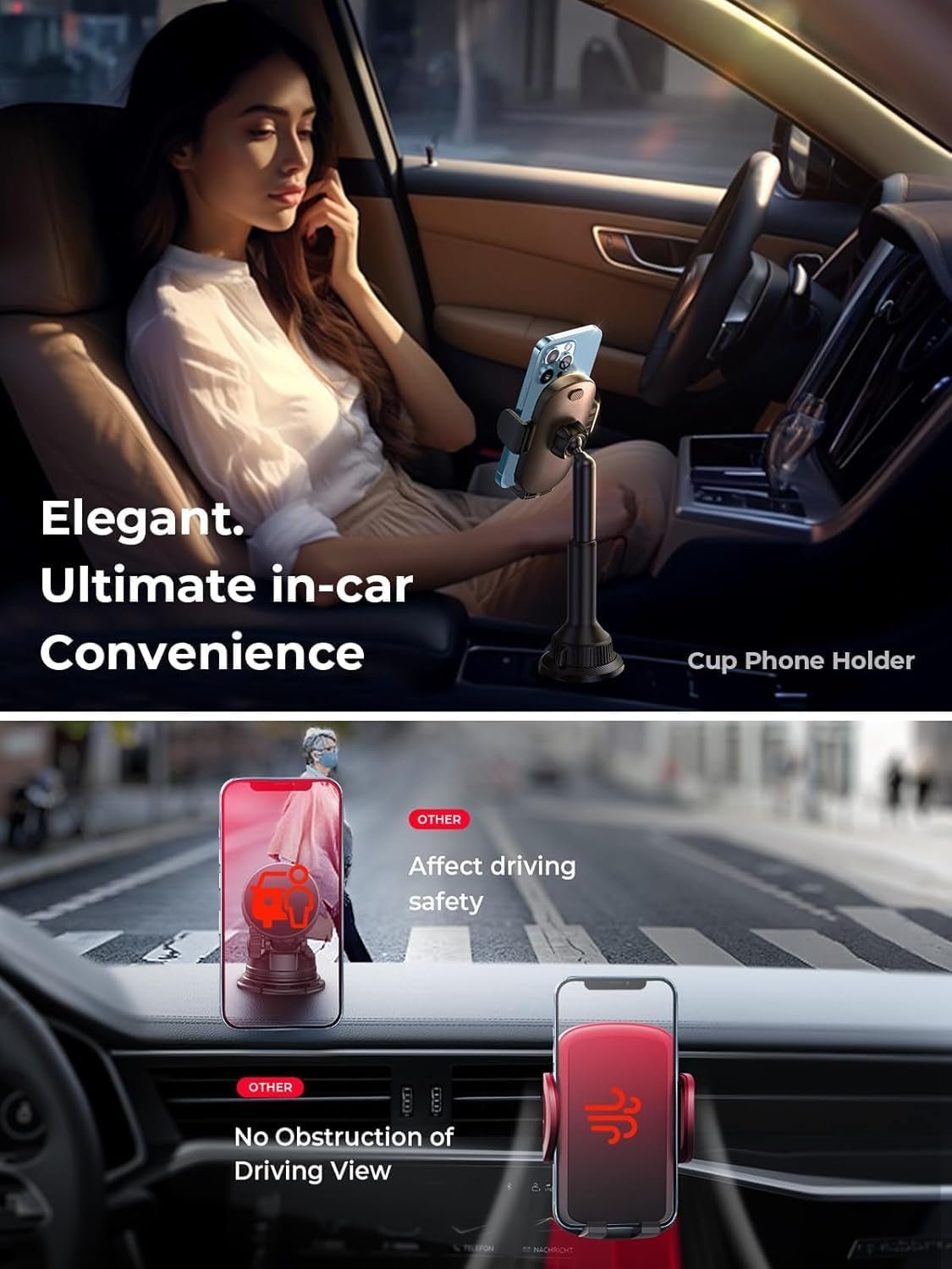 Cup Phone Holder for Car No Shaking Car Phone Holder Mount, 360° Adjustable Car Accessories for Women Truck SUV, Golf Accessories for Iphone 16E 16 15 14 13 Pro Max Samsung S25 All 4 - 7'' Phone - Revved Up Auto