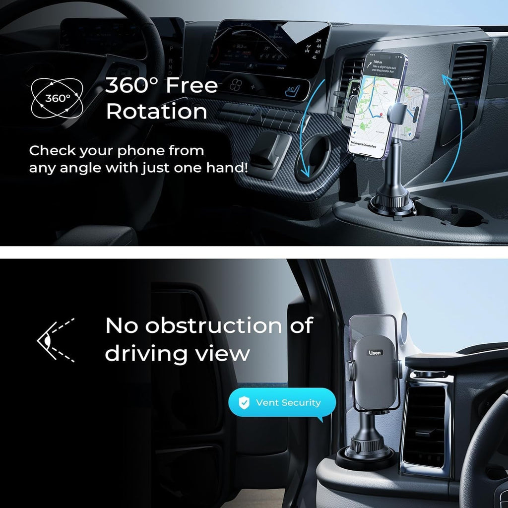 Cup Phone Holder for Car No Shaking Car Phone Holder Mount, 360° Adjustable Car Accessories for Women Truck SUV, Golf Accessories for Iphone 16E 16 15 14 13 Pro Max Samsung S25 All 4 - 7'' Phone - Revved Up Auto