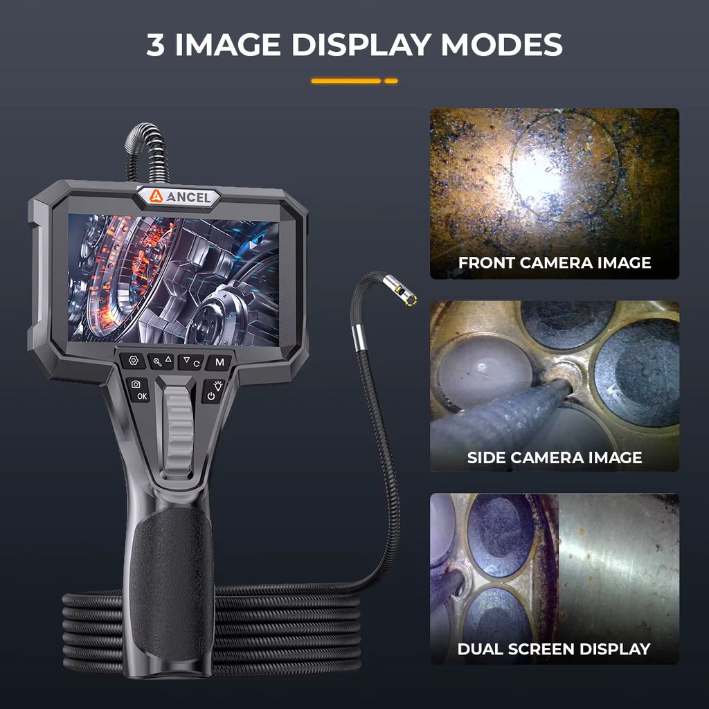AN302 Automotive Endoscope Two-Way Articulating Borescope with 7 LED Lights Dual Camera HD Endoscope Car Inspection Tools