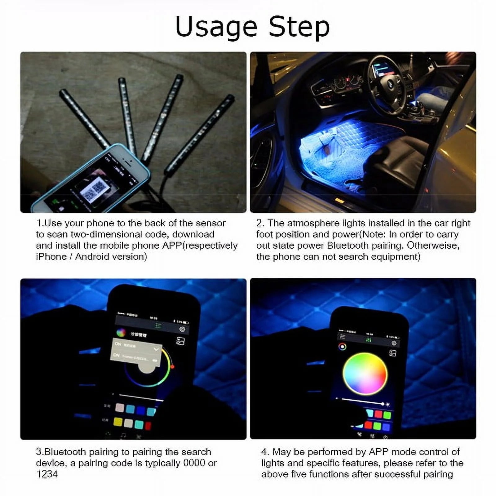DC12V 5050 4IN1 36 LED Color Changing RGB Car Interior Decorative Floor A-Tmosphere Strip Lamp Light Car Charger APP Controlled Sound Control - Revved Up Tools