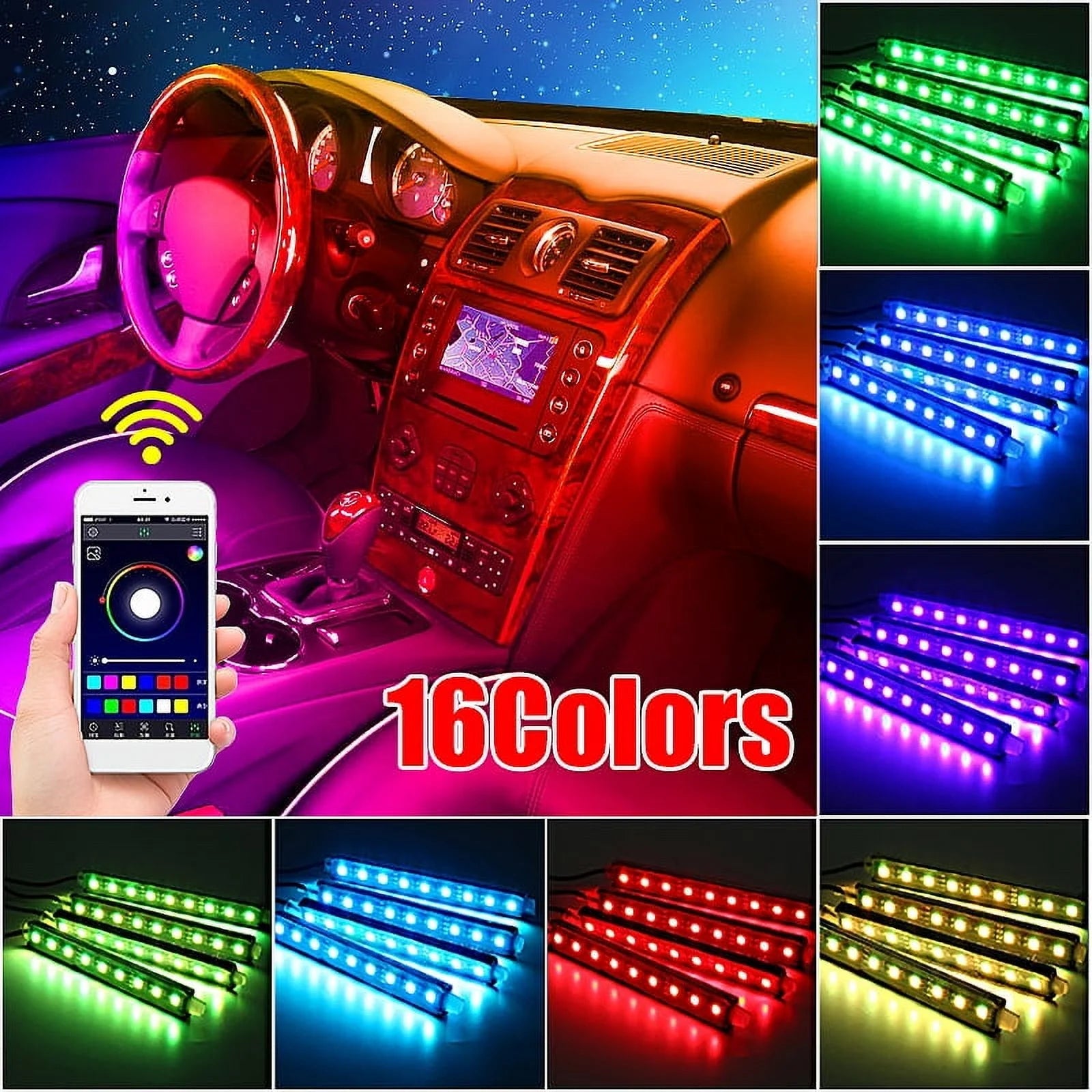 DC12V 5050 4IN1 36 LED Color Changing RGB Car Interior Decorative Floor A-Tmosphere Strip Lamp Light Car Charger APP Controlled Sound Control - Revved Up Tools