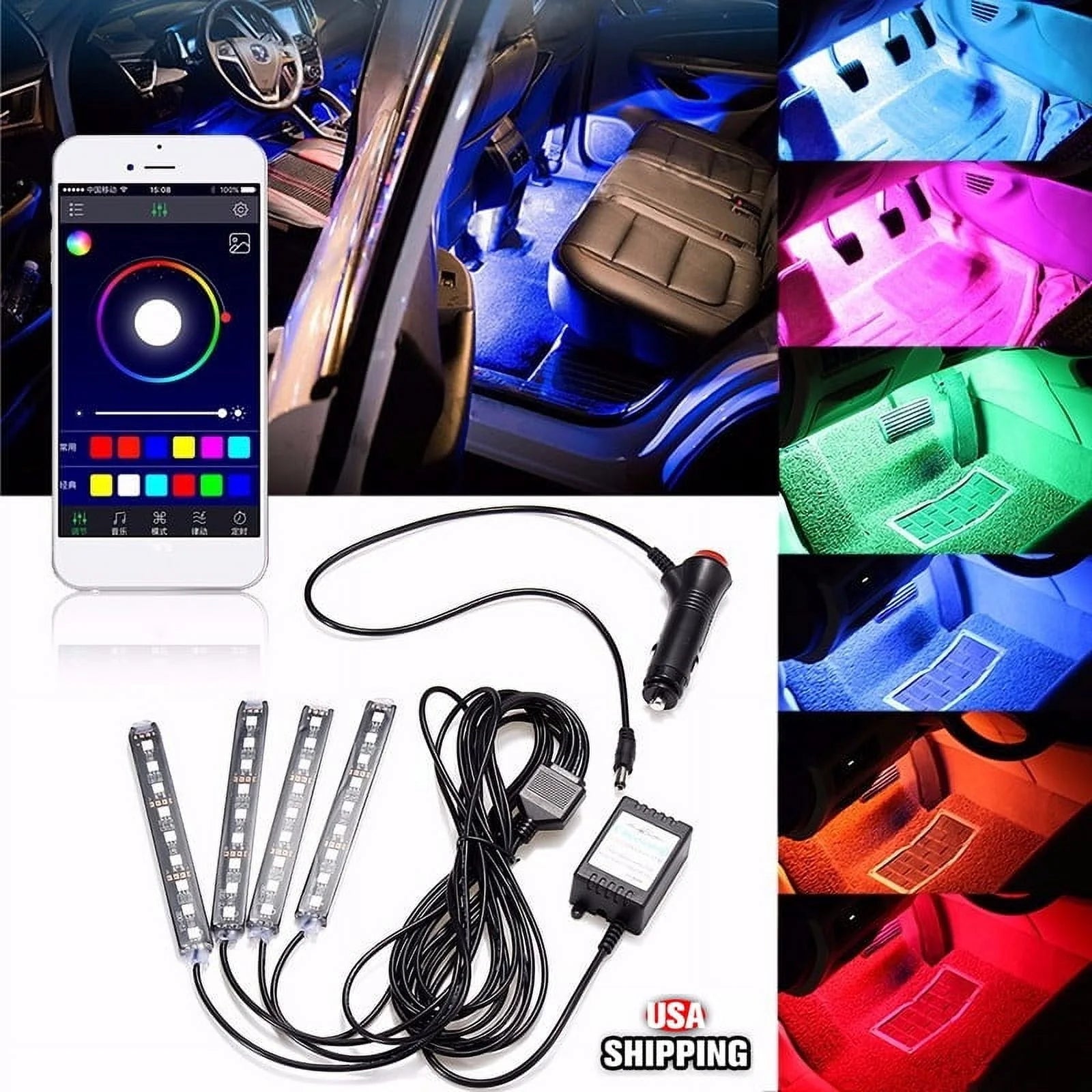 DC12V 5050 4IN1 36 LED Color Changing RGB Car Interior Decorative Floor A-Tmosphere Strip Lamp Light Car Charger APP Controlled Sound Control - Revved Up Tools