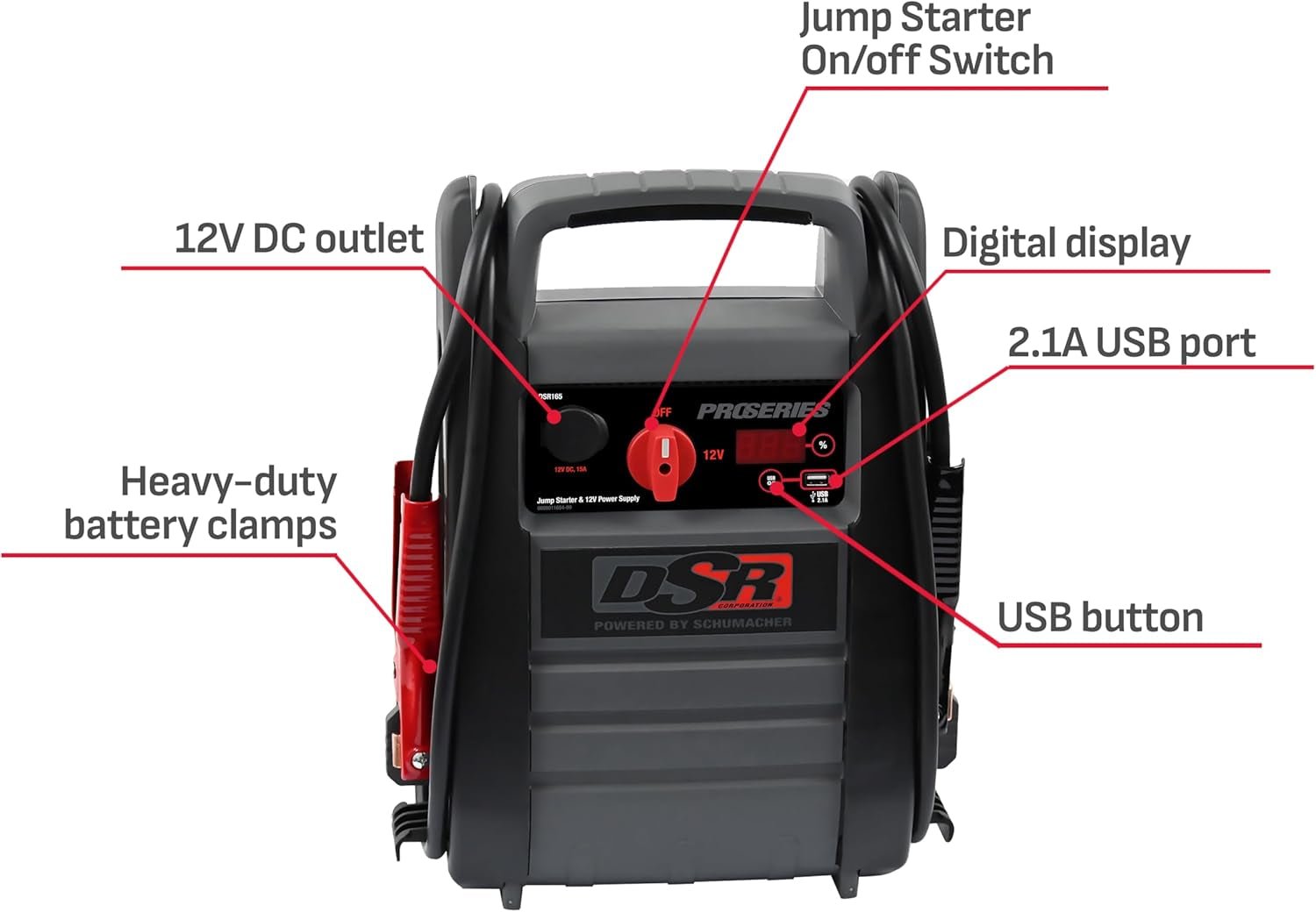 DSR Proseries Car Battery Jump Starter - 2200 Peak Amp 12V Car Starter, Jump Box & Portable Power Station - Digital Display, Heavy - Duty Clamps - DSR165 - Revved Up Auto