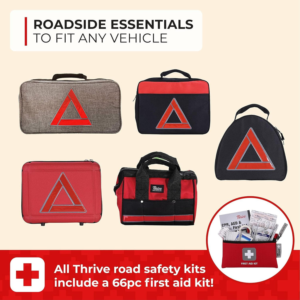Emergency Car Kits for Vehicles - Roadside Emergency Car Kit (104 Pieces) - Car Kits for Emergency - Roadside Car Kit with Jumper Cables and Mini First Aid Kit - Gray Bag - Revved Up Tools