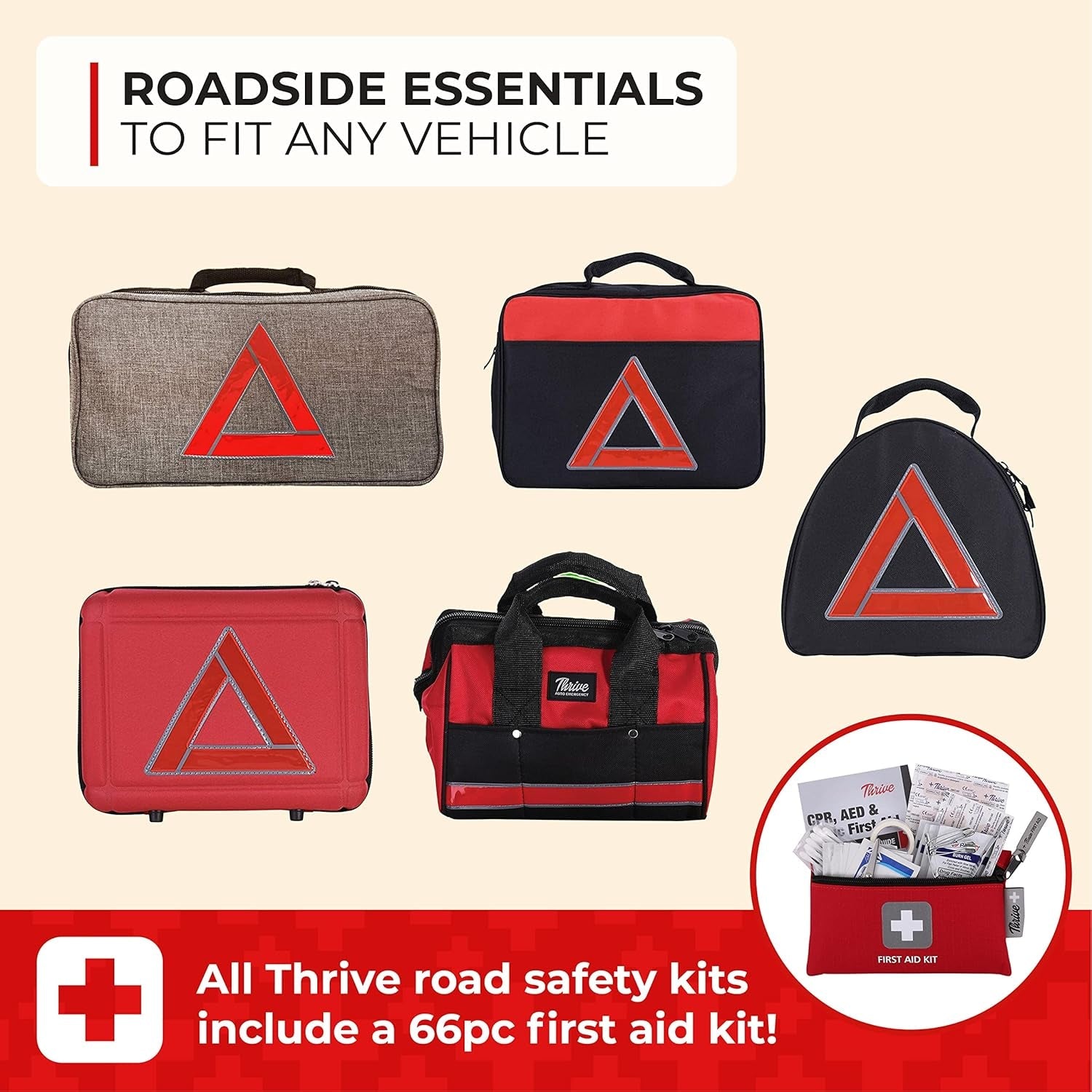 Emergency Car Kits for Vehicles - Roadside Emergency Car Kit (104 Pieces) - Car Kits for Emergency - Roadside Car Kit with Jumper Cables and Mini First Aid Kit - Gray Bag - Revved Up Tools