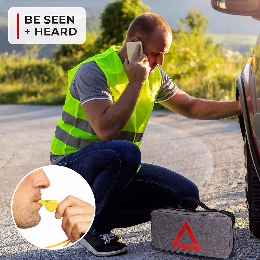 Emergency Car Kits for Vehicles - Roadside Emergency Car Kit (104 Pieces) - Car Kits for Emergency - Roadside Car Kit with Jumper Cables and Mini First Aid Kit - Gray Bag - Revved Up Tools
