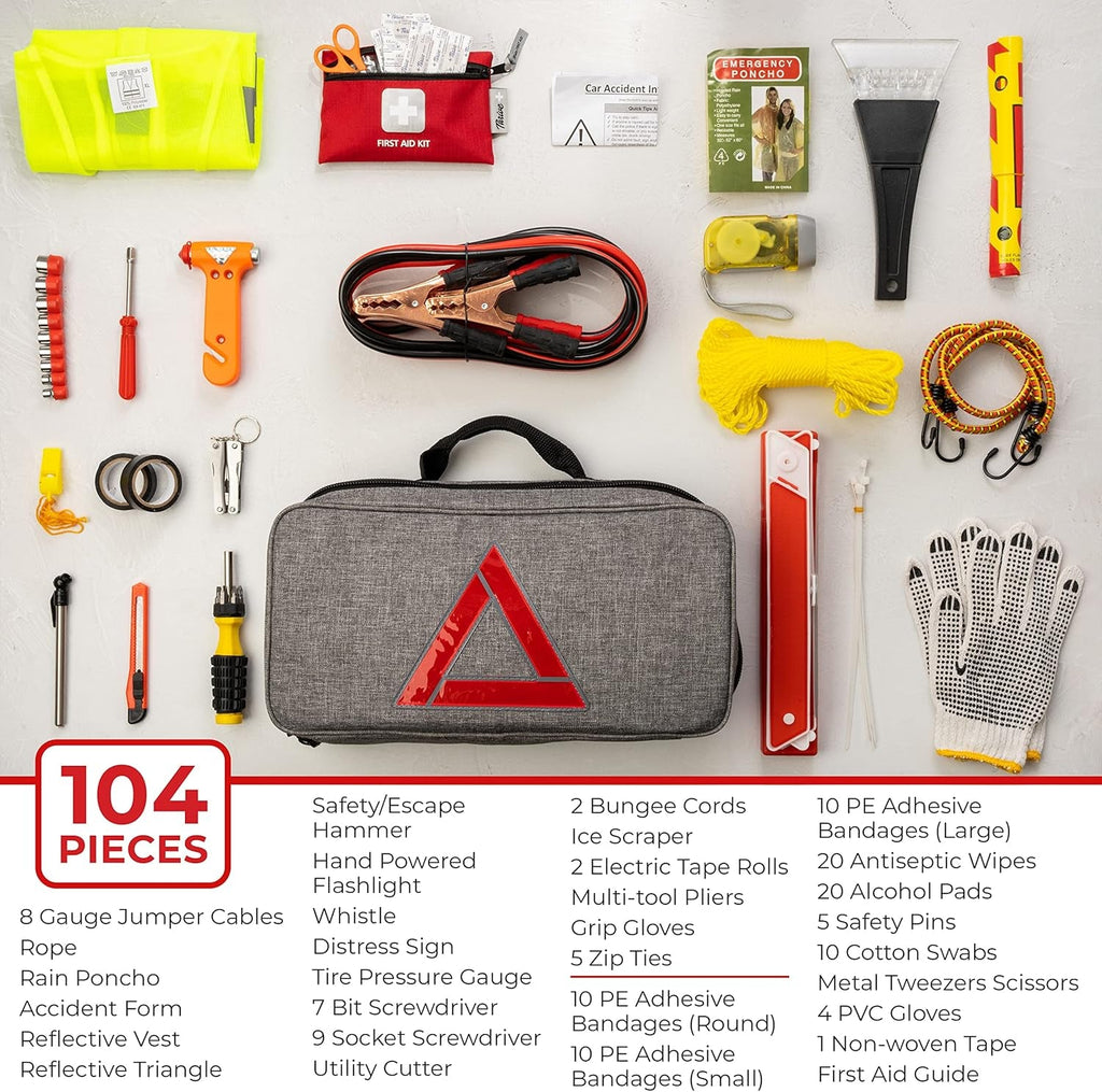Emergency Car Kits for Vehicles - Roadside Emergency Car Kit (104 Pieces) - Car Kits for Emergency - Roadside Car Kit with Jumper Cables and Mini First Aid Kit - Gray Bag - Revved Up Tools