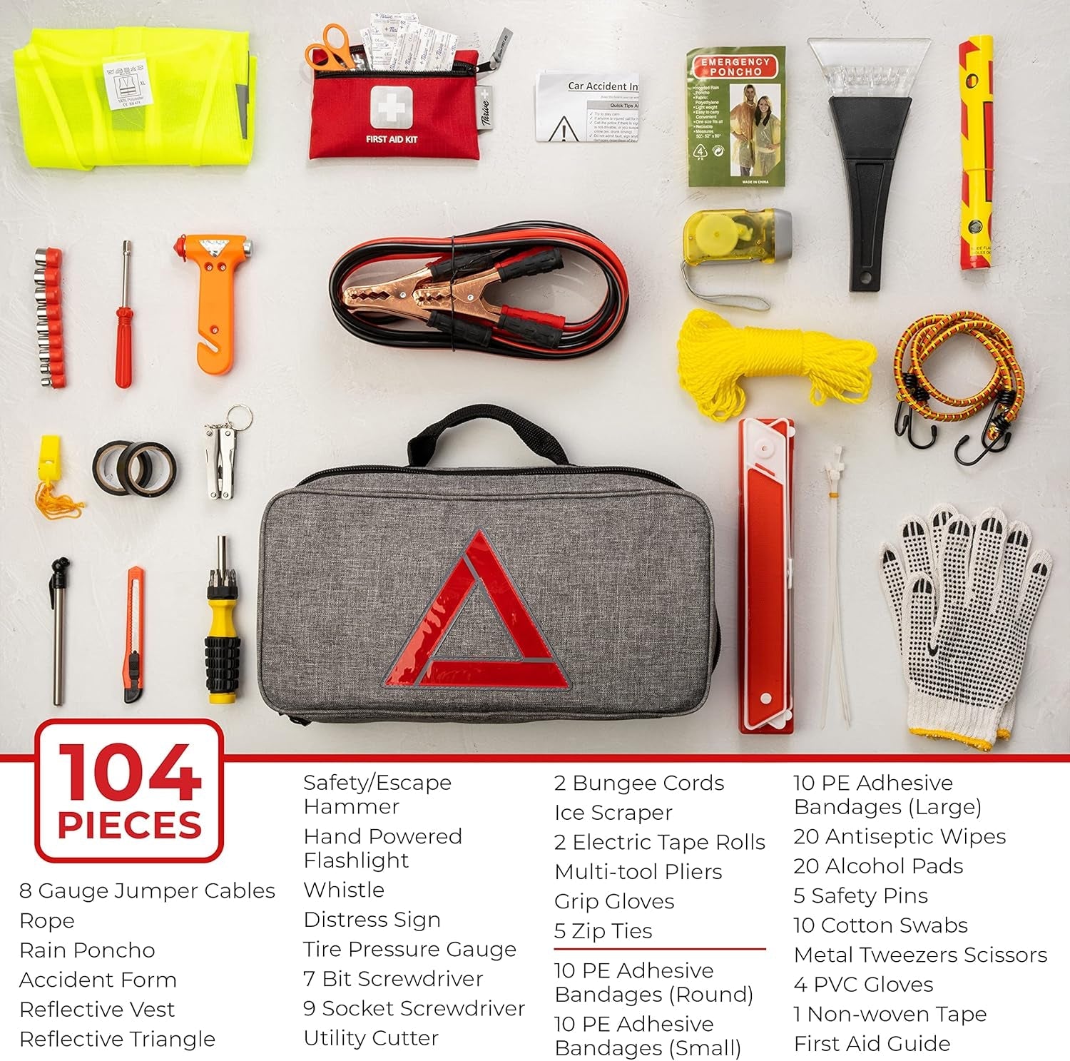 Emergency Car Kits for Vehicles - Roadside Emergency Car Kit (104 Pieces) - Car Kits for Emergency - Roadside Car Kit with Jumper Cables and Mini First Aid Kit - Gray Bag - Revved Up Tools