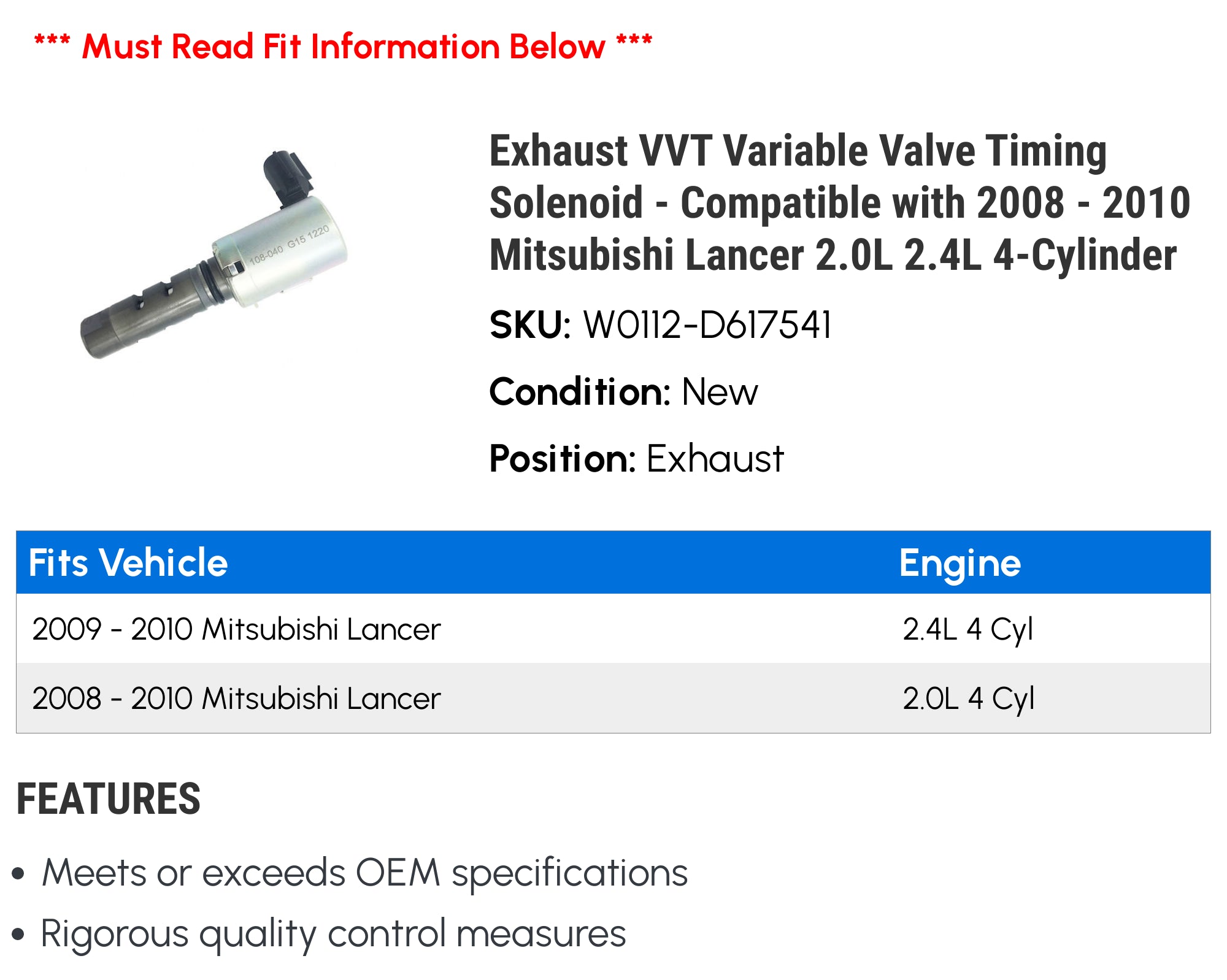 Exhaust VVT Variable Valve Timing Solenoid - Compatible with 2008 - 2010 Mitsubishi Lancer 2.0L 2.4L 4-Cylinder 2009 - Revved Up Tools