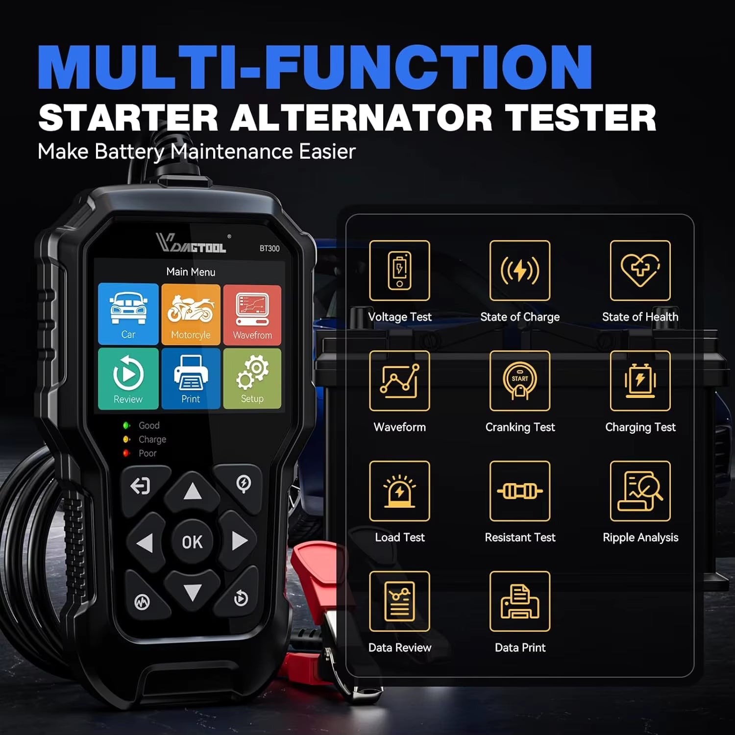 BT300 5-3000 CCA Car Battery Tester 6V 12V Automotive Charging Cranking Scanner Tools for Motorcycle Car Truck SUV