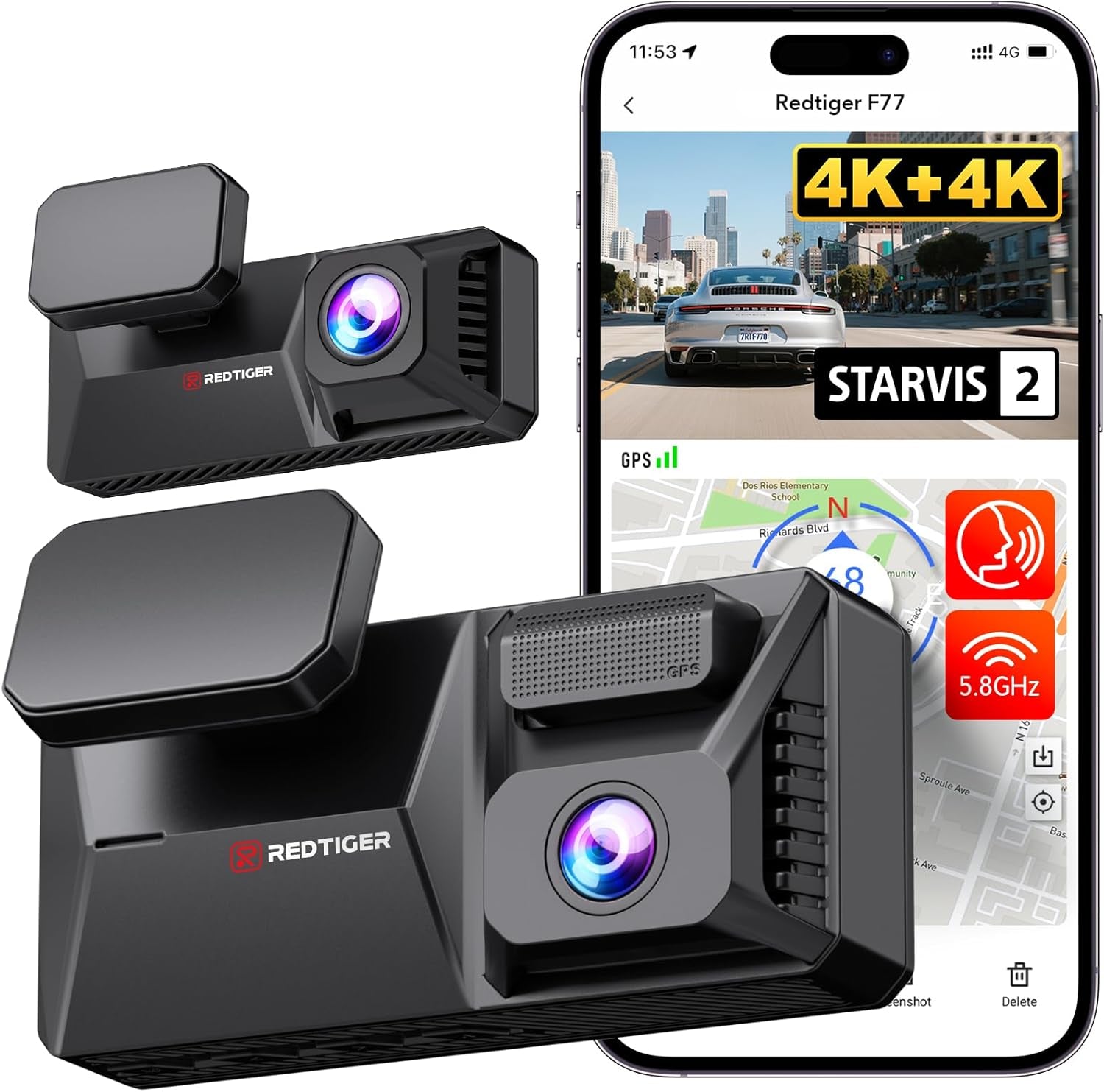 F77 4K+4K Front and Rear Dash Cam with HDR, Dual STARVIS 2 IMX678 Sensor, Voice Control Dash Camera for Cars with 128GB Emmc Storage, 5.8Ghz Wifi, 4'' Touch Screen, 24H Parking Mode - Revved Up Auto