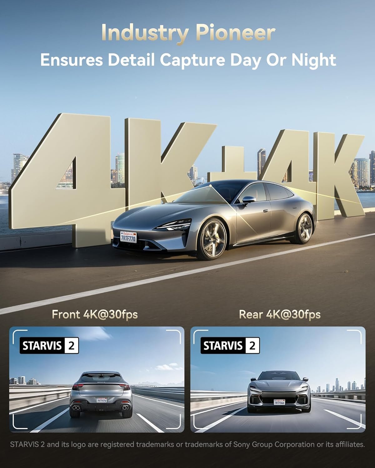 F77 4K+4K Front and Rear Dash Cam with HDR, Dual STARVIS 2 IMX678 Sensor, Voice Control Dash Camera for Cars with 128GB Emmc Storage, 5.8Ghz Wifi, 4'' Touch Screen, 24H Parking Mode - Revved Up Auto