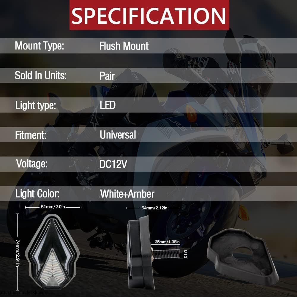 Flush Mount Turn Signals Motorcycle LED Sequential Blinkers 3 Wire Front Indicators Compatible with Yamaha YZF R1 R3 R6 R6S FJ 09 FZ MT 07 09 Honda Kawasaki Suzuki Bmw(White&Amber) - Revved Up Tools