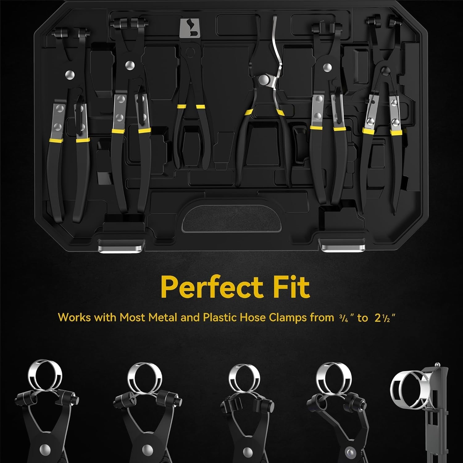 Hose Clamp Pliers Set, Flexible Wire Long Reach Clic R Type Swivel Jaw and Flat Band Pliers for Fuel Oil and Water Work, Automotive Repair Tools Kit, 9 Pieces - Revved Up Auto