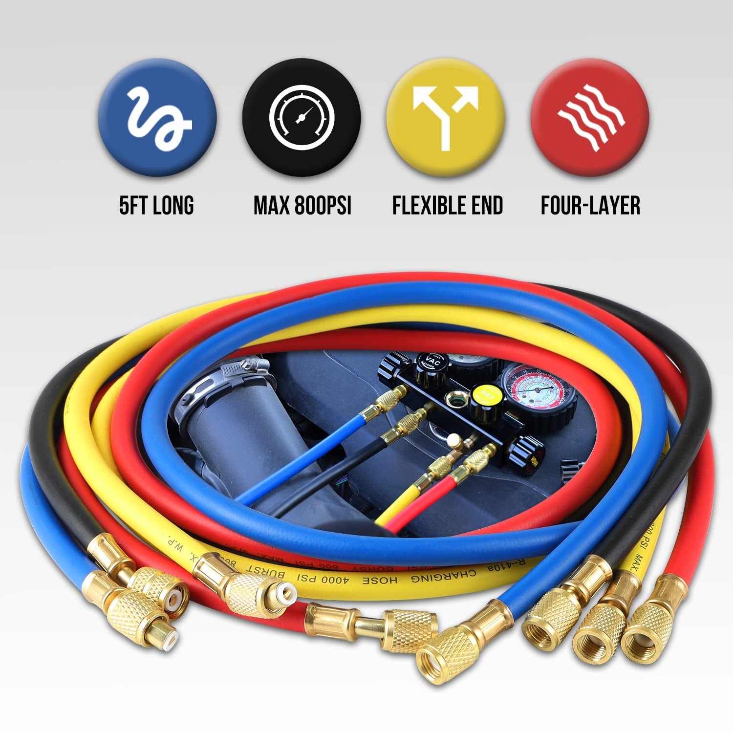 HVAC Gauges with Hoses, AC Manifold Gauge Set R134A R410A R404A R22 Refrigerant Gauges - Revved Up Auto
