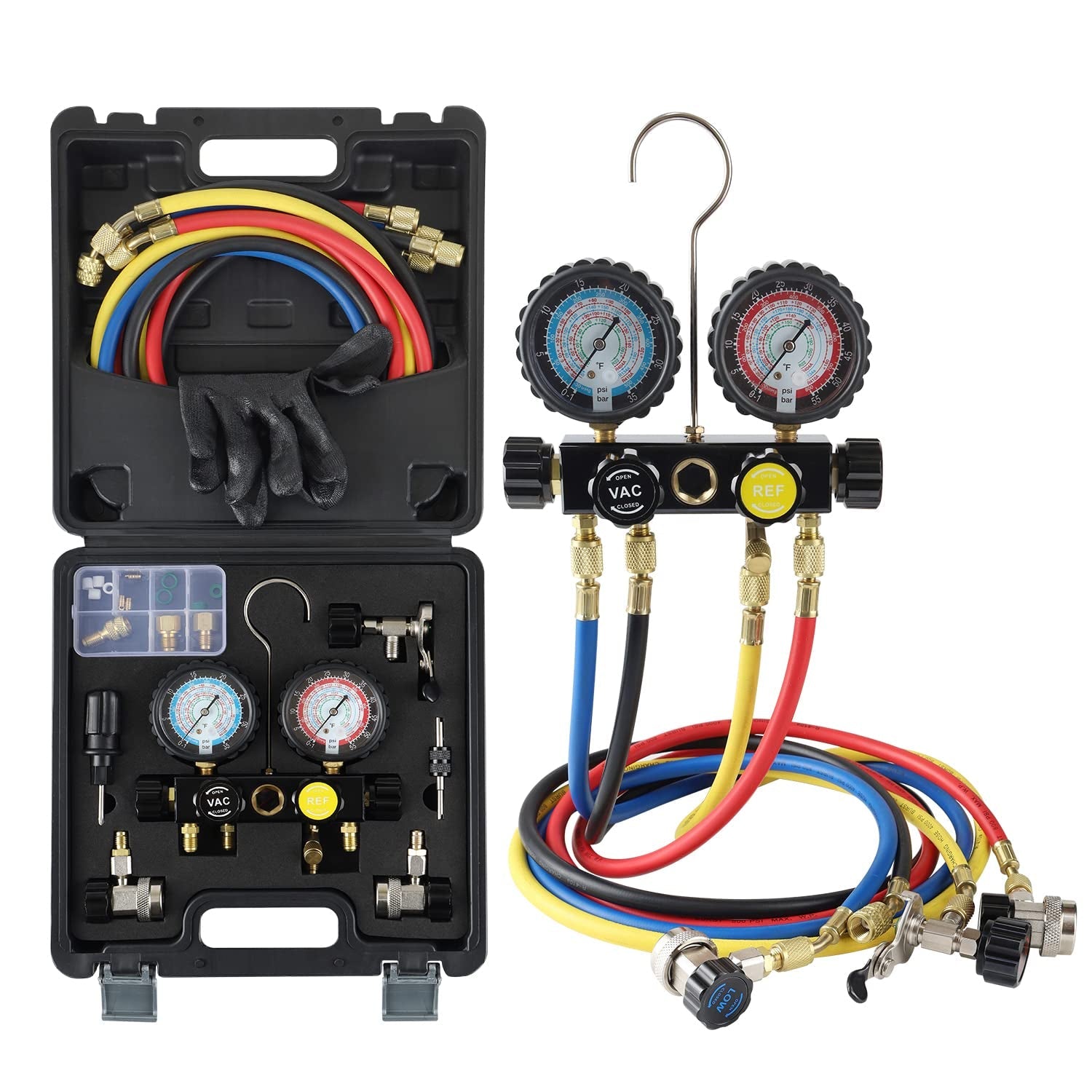 HVAC Gauges with Hoses, AC Manifold Gauge Set R134A R410A R404A R22 Refrigerant Gauges - Revved Up Auto