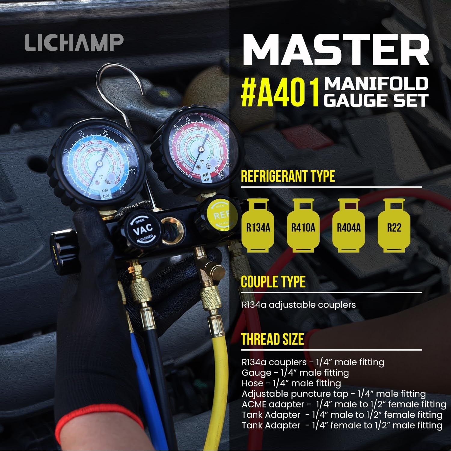 HVAC Gauges with Hoses, AC Manifold Gauge Set R134A R410A R404A R22 Refrigerant Gauges - Revved Up Auto