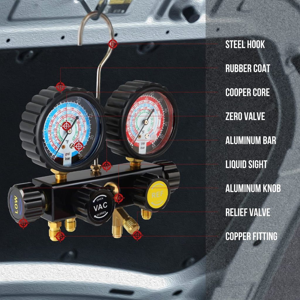 HVAC Gauges with Hoses, AC Manifold Gauge Set R134A R410A R404A R22 Refrigerant Gauges - Revved Up Auto