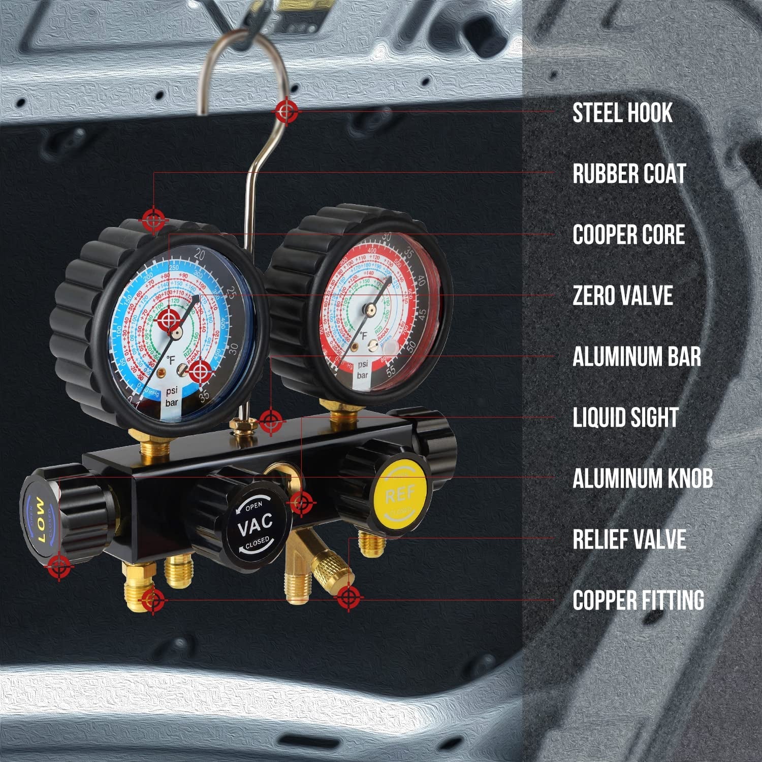 HVAC Gauges with Hoses, AC Manifold Gauge Set R134A R410A R404A R22 Refrigerant Gauges - Revved Up Auto