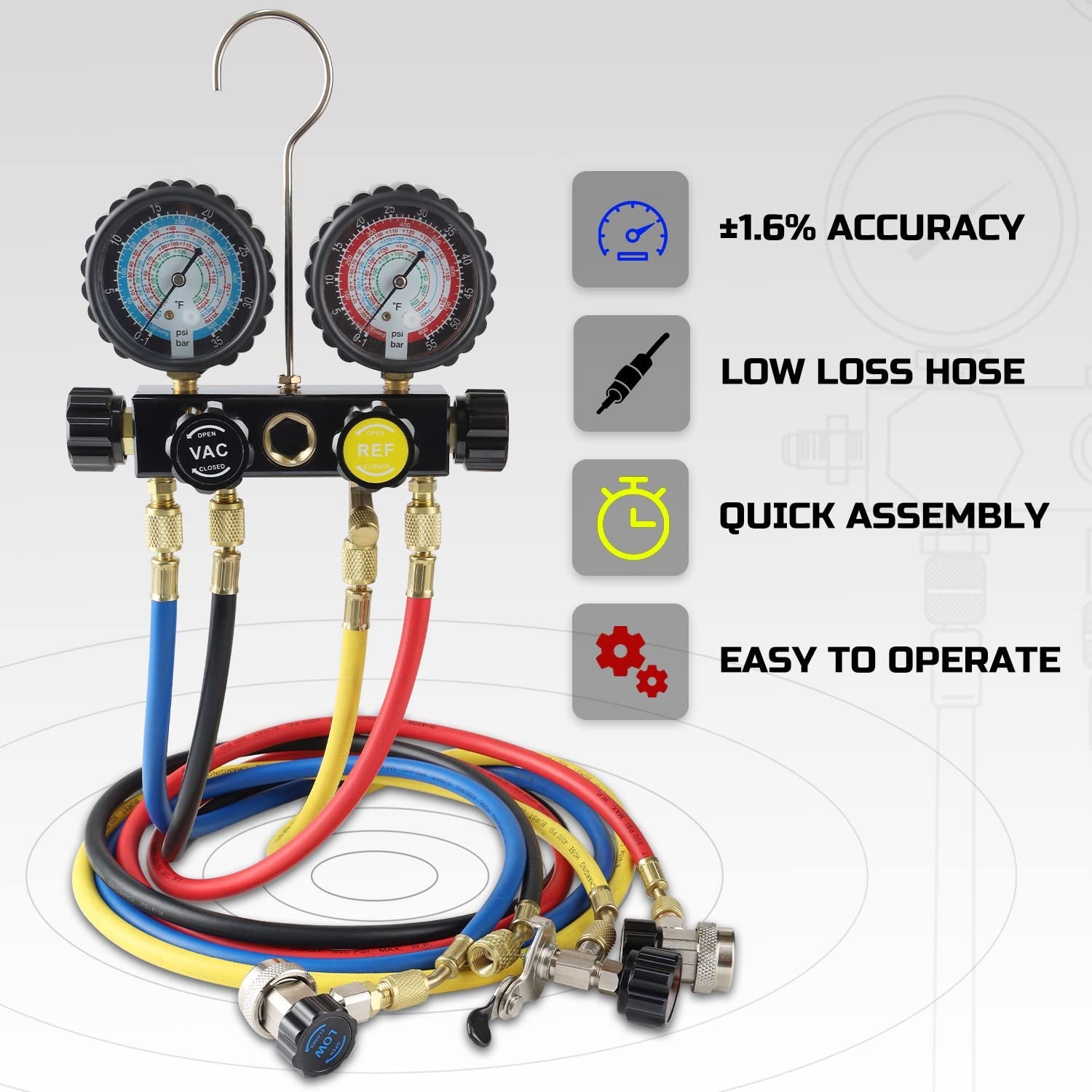 HVAC Gauges with Hoses, AC Manifold Gauge Set R134A R410A R404A R22 Refrigerant Gauges - Revved Up Auto