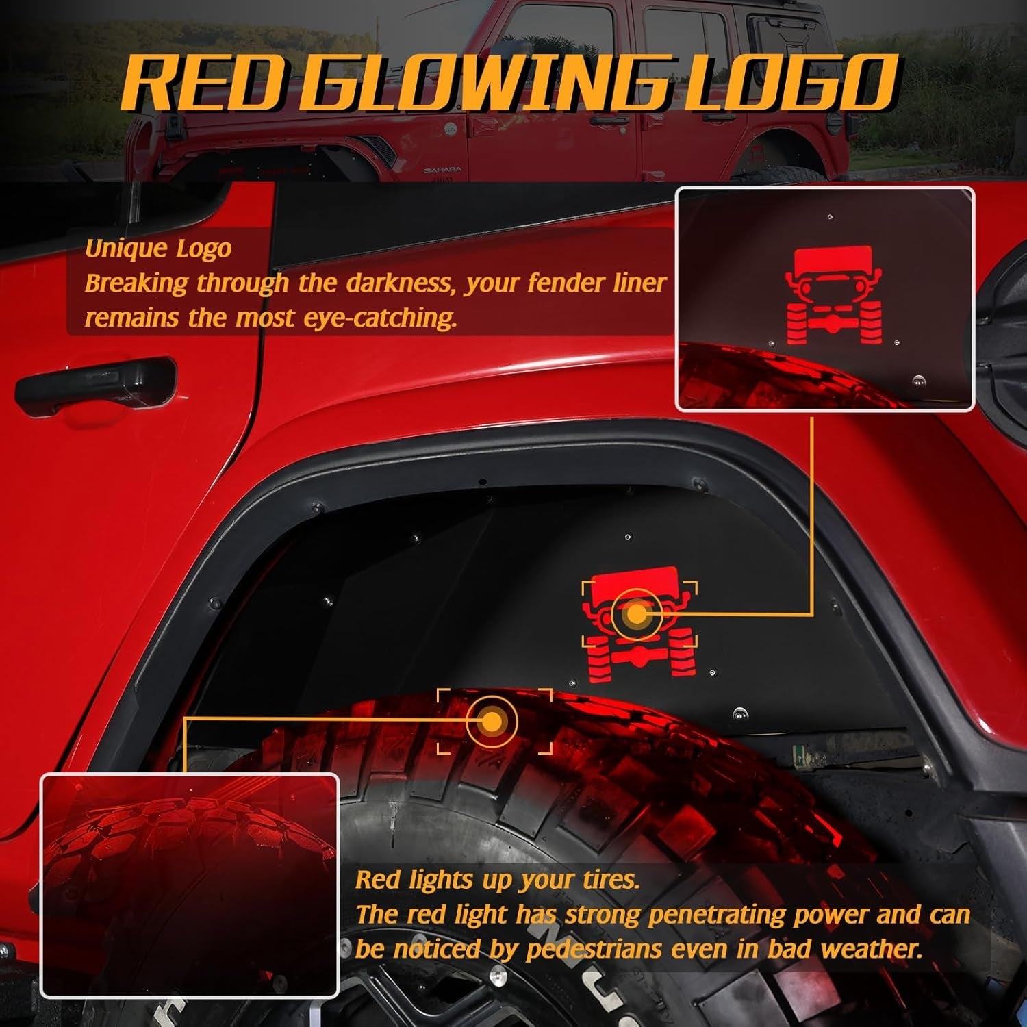 Jeep Wrangler Inner Fender Rear Fender Liners Compatible with Jeep Wrangler JL Aluminum,With 4 LED Lights for 2018-2022 Jeep Wrangler Jl(No Fit 2020-2022 Gladiator JT) - Revved Up Tools