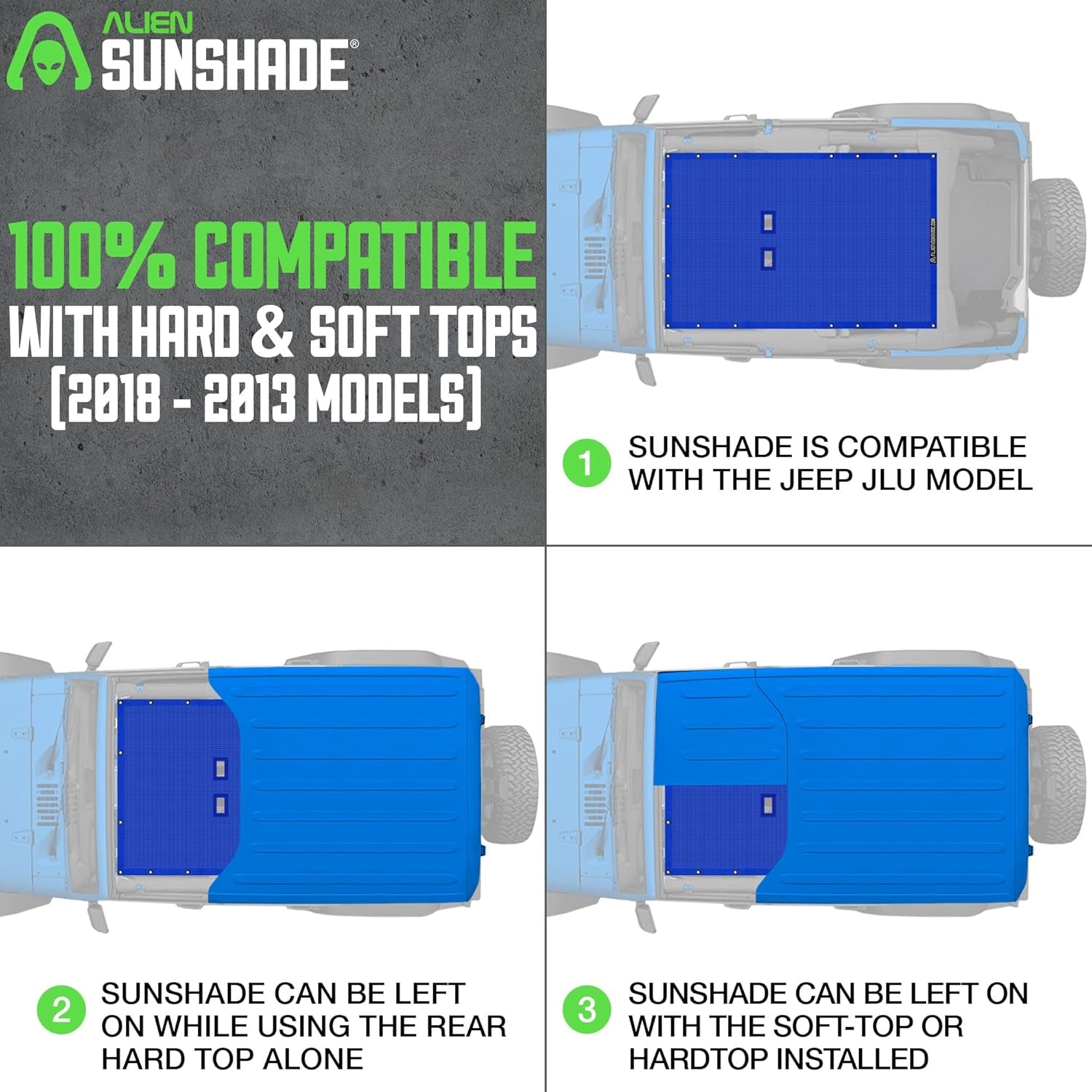 Jeep Wrangler JLU (2018-2023) - Full Length Mesh Sun Shade for Jeep JL Unlimited - Blocks UV, Wind, Noise - Bikini Jlkini Top Cover for Sport, Sport S, Sahara, Rubicon (Blue) - Revved Up Tools