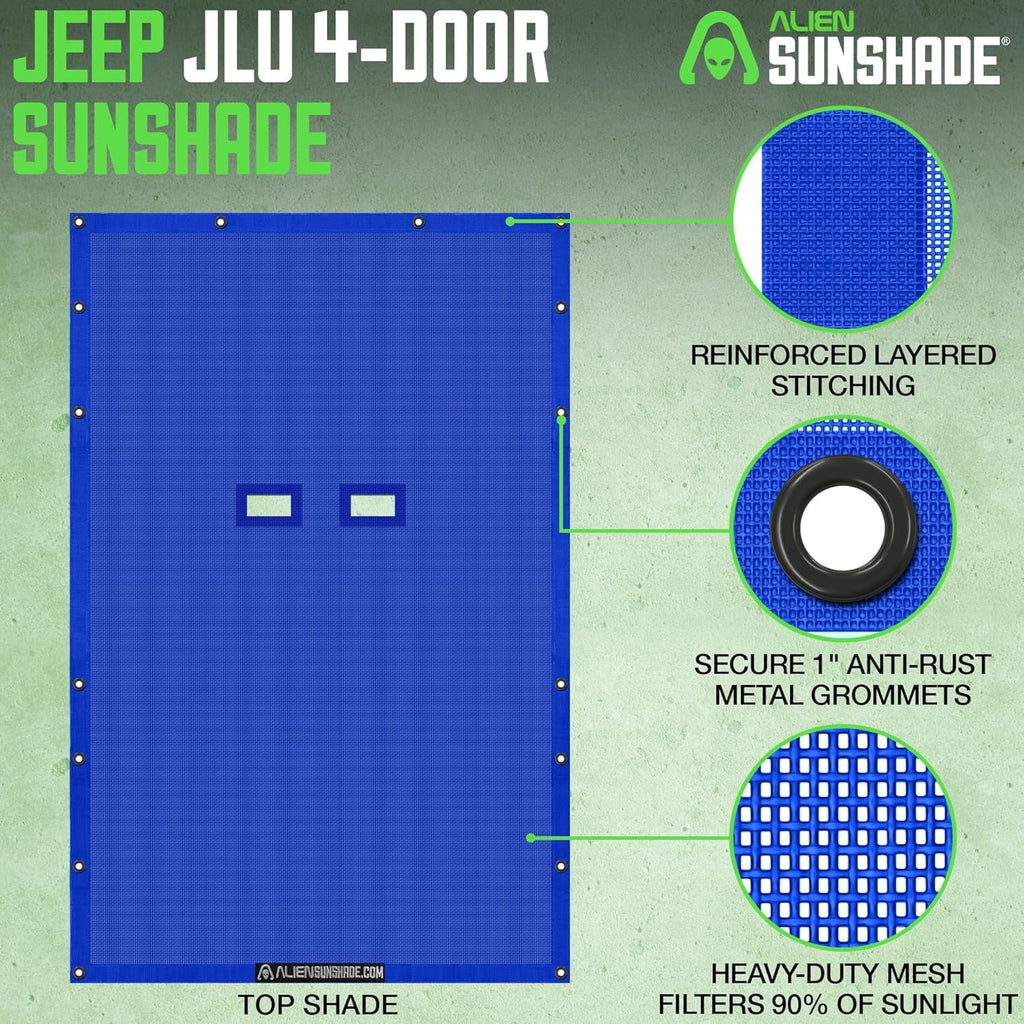 Jeep Wrangler JLU (2018-2023) - Full Length Mesh Sun Shade for Jeep JL Unlimited - Blocks UV, Wind, Noise - Bikini Jlkini Top Cover for Sport, Sport S, Sahara, Rubicon (Blue) - Revved Up Tools