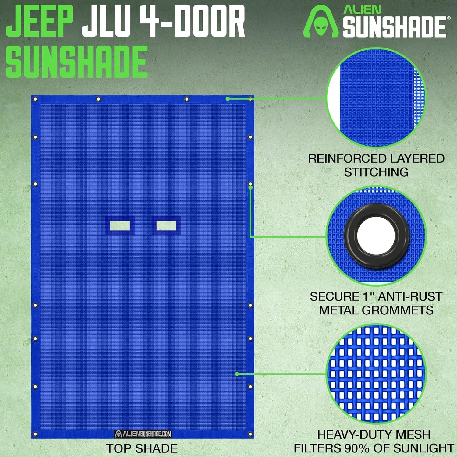 Jeep Wrangler JLU (2018-2023) - Full Length Mesh Sun Shade for Jeep JL Unlimited - Blocks UV, Wind, Noise - Bikini Jlkini Top Cover for Sport, Sport S, Sahara, Rubicon (Blue) - Revved Up Tools