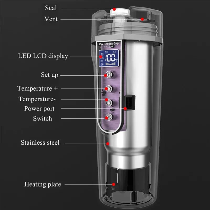 Portable Car Heating Cup Vacuum Electric Stainless Water Warmer Bottle Kettle Coffee Tea Mug LCD Display Temperature Smart Mugs - Revved Up Auto