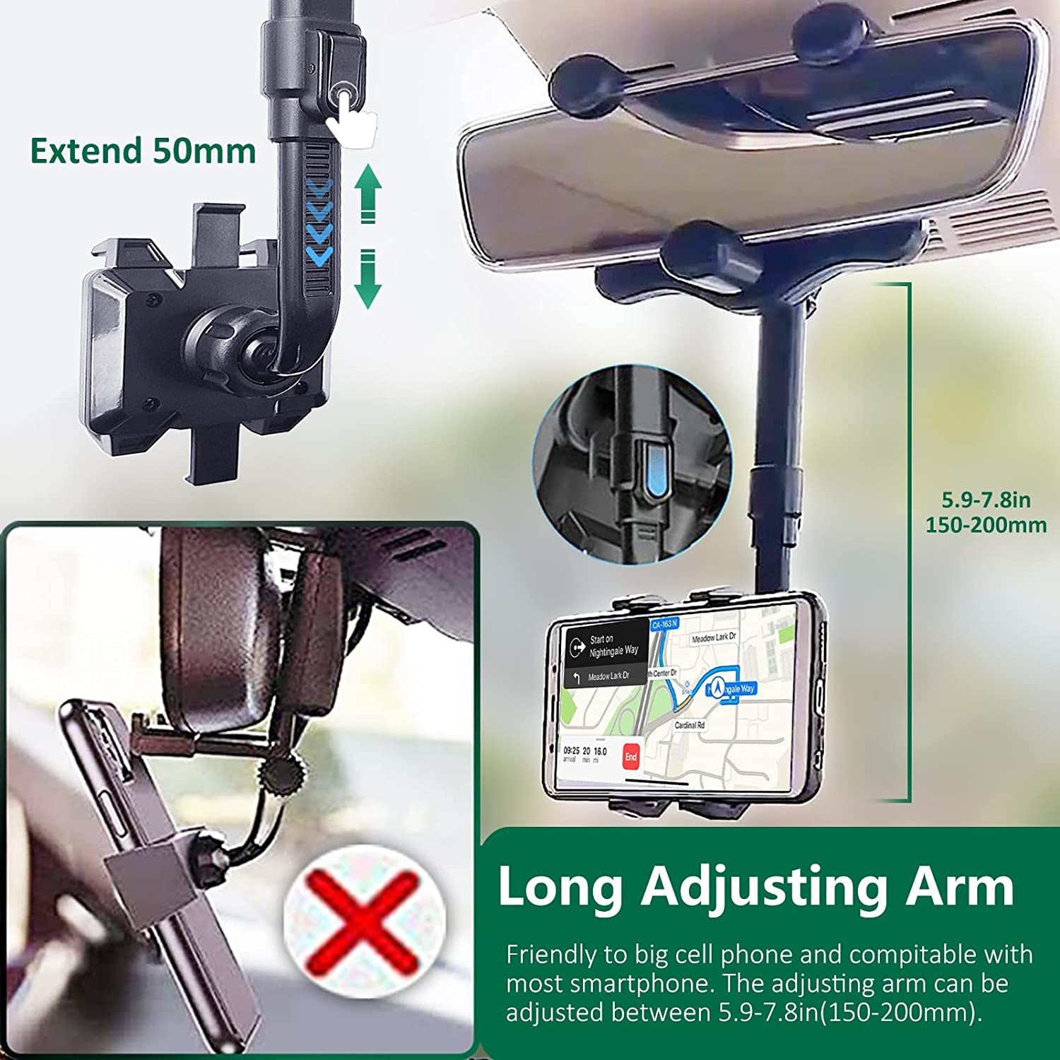 Rearview Mirror Phone Holder for Car, 360° Rotating Rear View Mount with Adjustable Arm Length, Multifunctional and GPS Universal Car All Smartphones - Revved Up Tools