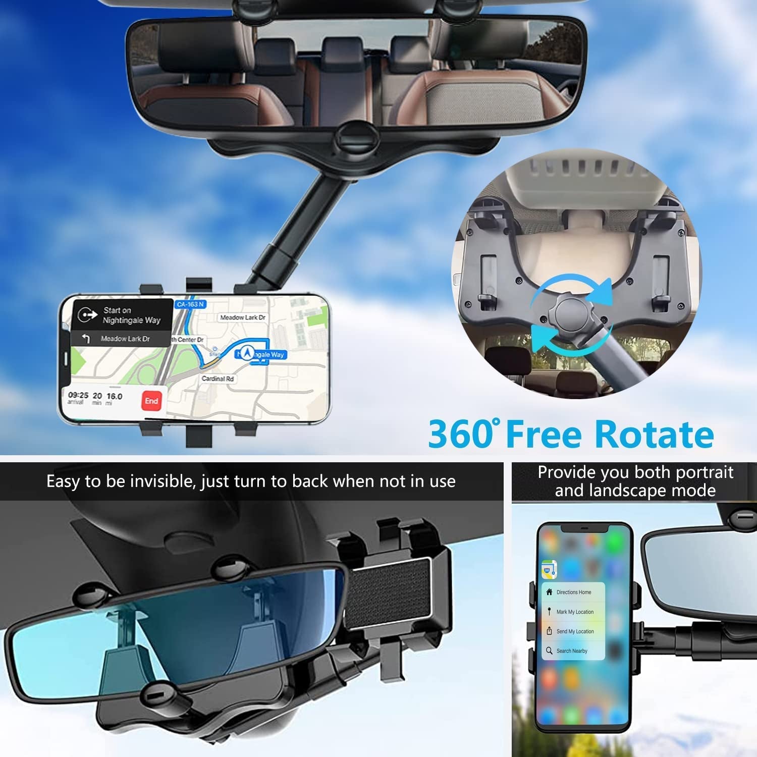Rearview Mirror Phone Holder for Car, 360° Rotating Rear View Mount with Adjustable Arm Length, Multifunctional and GPS Universal Car All Smartphones - Revved Up Tools