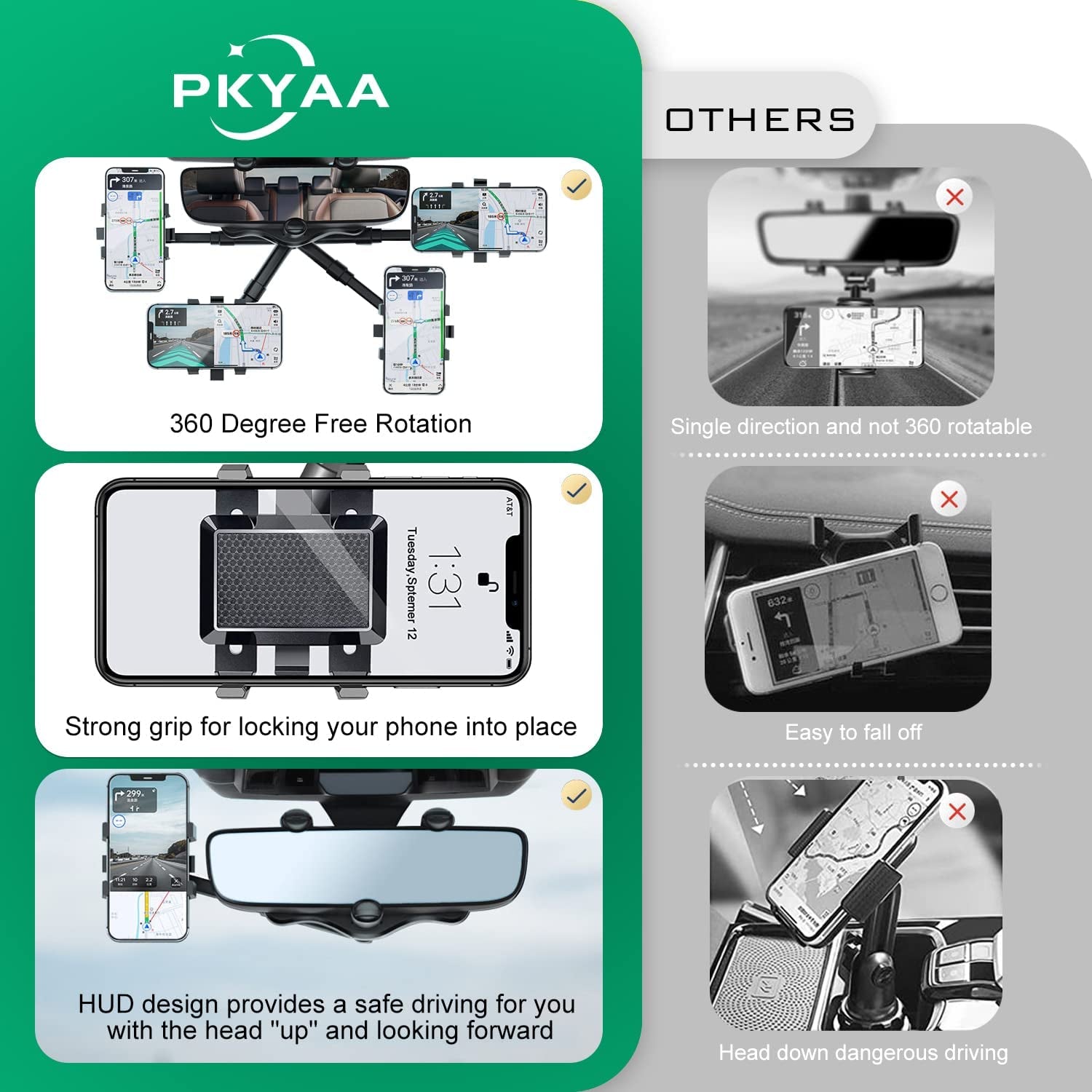 Rearview Mirror Phone Holder for Car, 360° Rotating Rear View Mount with Adjustable Arm Length, Multifunctional and GPS Universal Car All Smartphones - Revved Up Tools