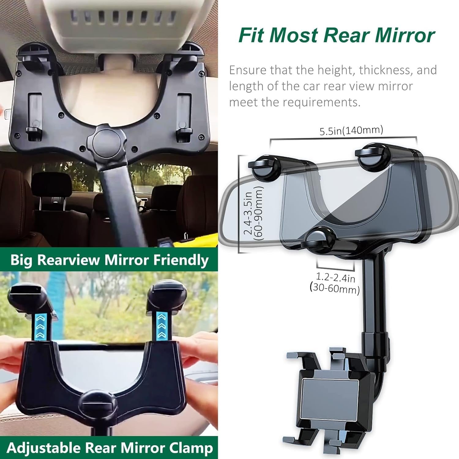 Rearview Mirror Phone Holder for Car, 360° Rotating Rear View Mount with Adjustable Arm Length, Multifunctional and GPS Universal Car All Smartphones - Revved Up Tools