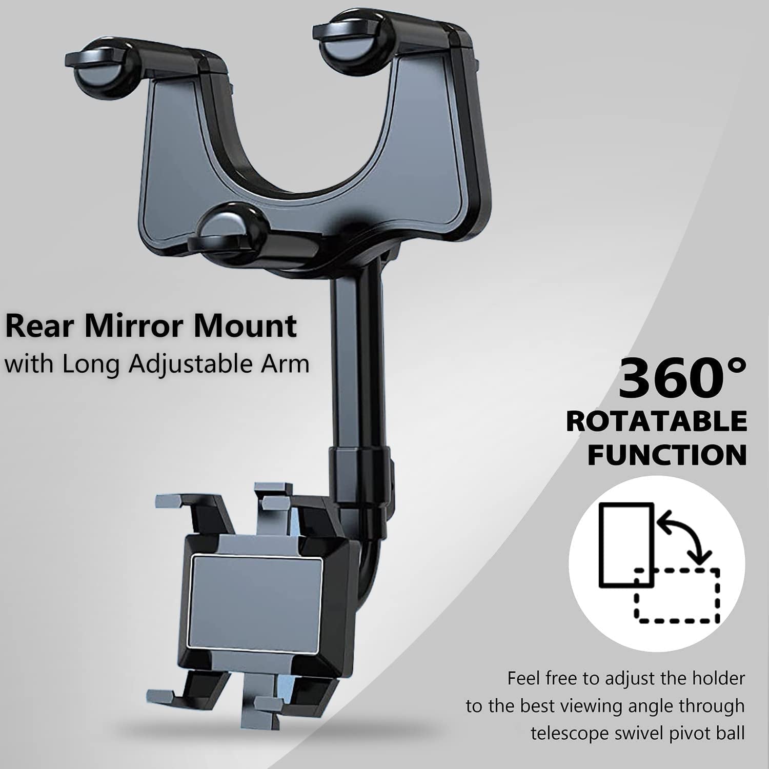 Rearview Mirror Phone Holder for Car, 360° Rotating Rear View Mount with Adjustable Arm Length, Multifunctional and GPS Universal Car All Smartphones - Revved Up Tools