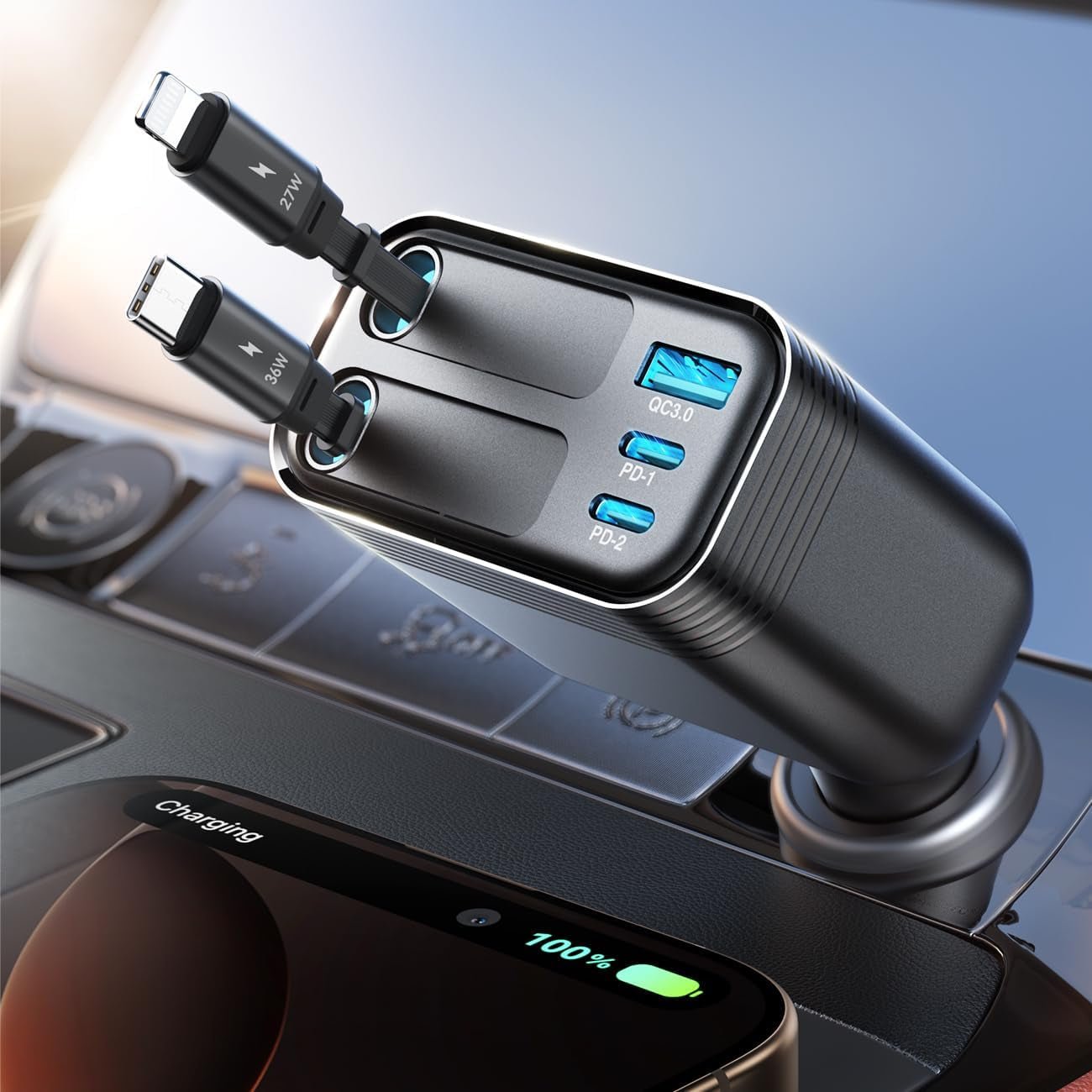 Retractable 5 Port 66W USB C Car Charger - Fast Charging for Iphone 16/15/14 Pro Max, Samsung S24 - Revved Up Auto