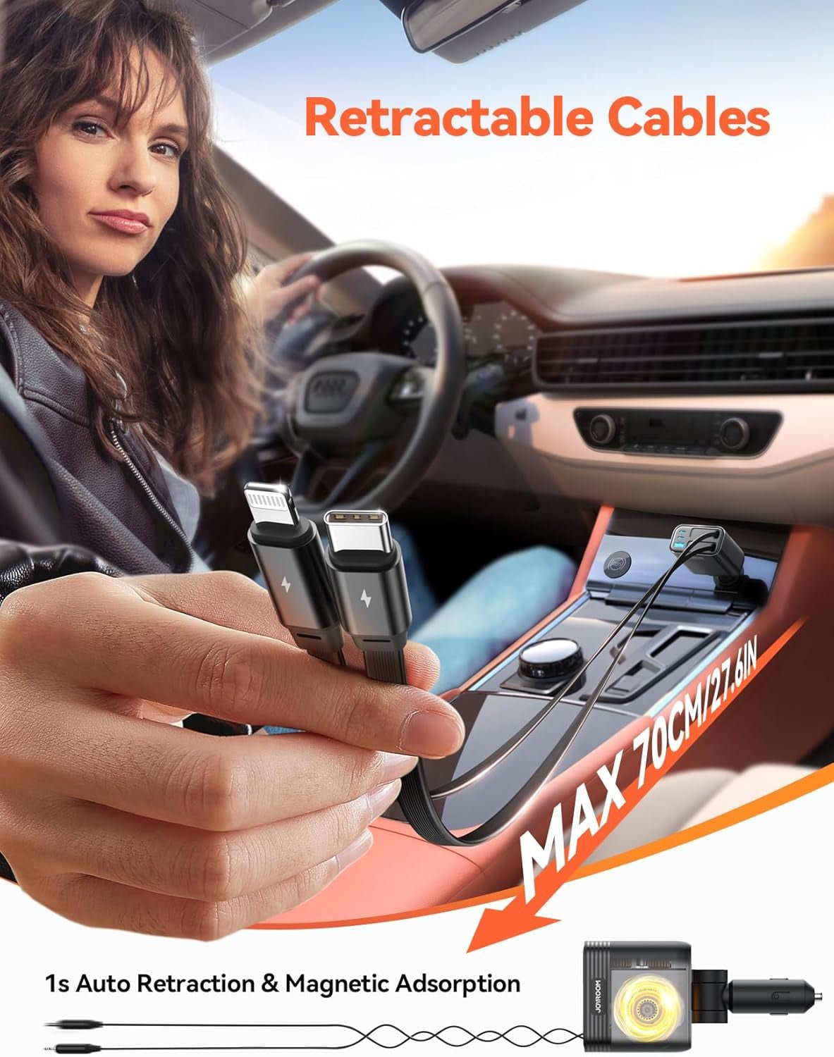 Retractable 5 Port 66W USB C Car Charger - Fast Charging for Iphone 16/15/14 Pro Max, Samsung S24 - Revved Up Auto