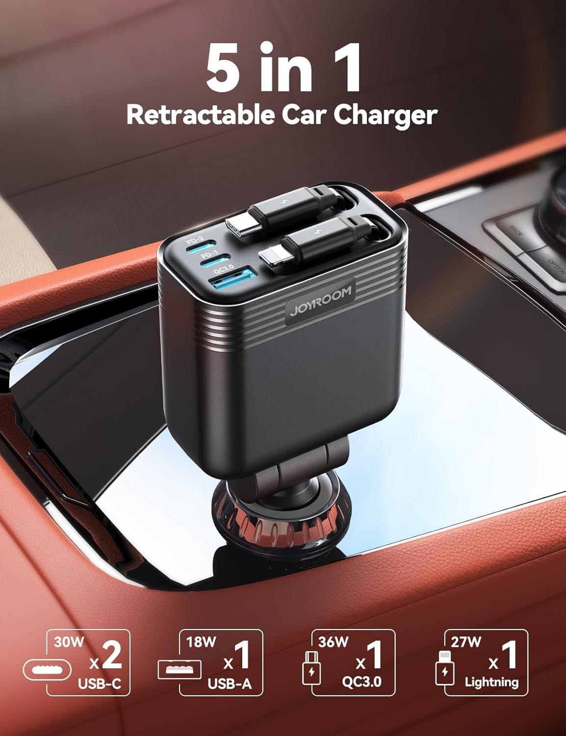 Retractable 5 Port 66W USB C Car Charger - Fast Charging for Iphone 16/15/14 Pro Max, Samsung S24 - Revved Up Auto