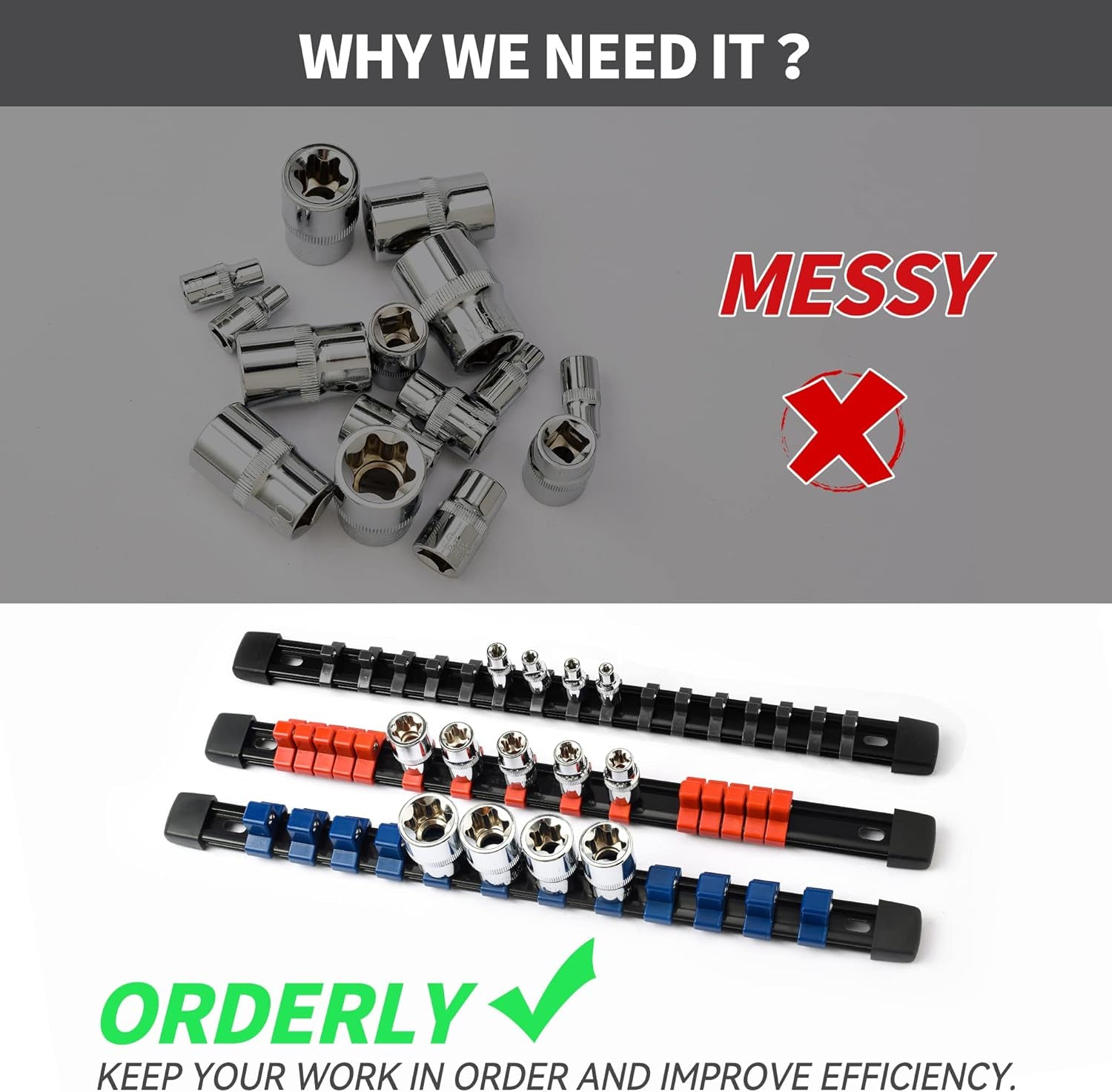 Socket Black Organizer Drive ABS Tools - Socket Holder, Premium Quality 3 Pieces Socket Holders Kit 3/8 - Inch X 45 Clips（3Pc,Black) - Revved Up Auto
