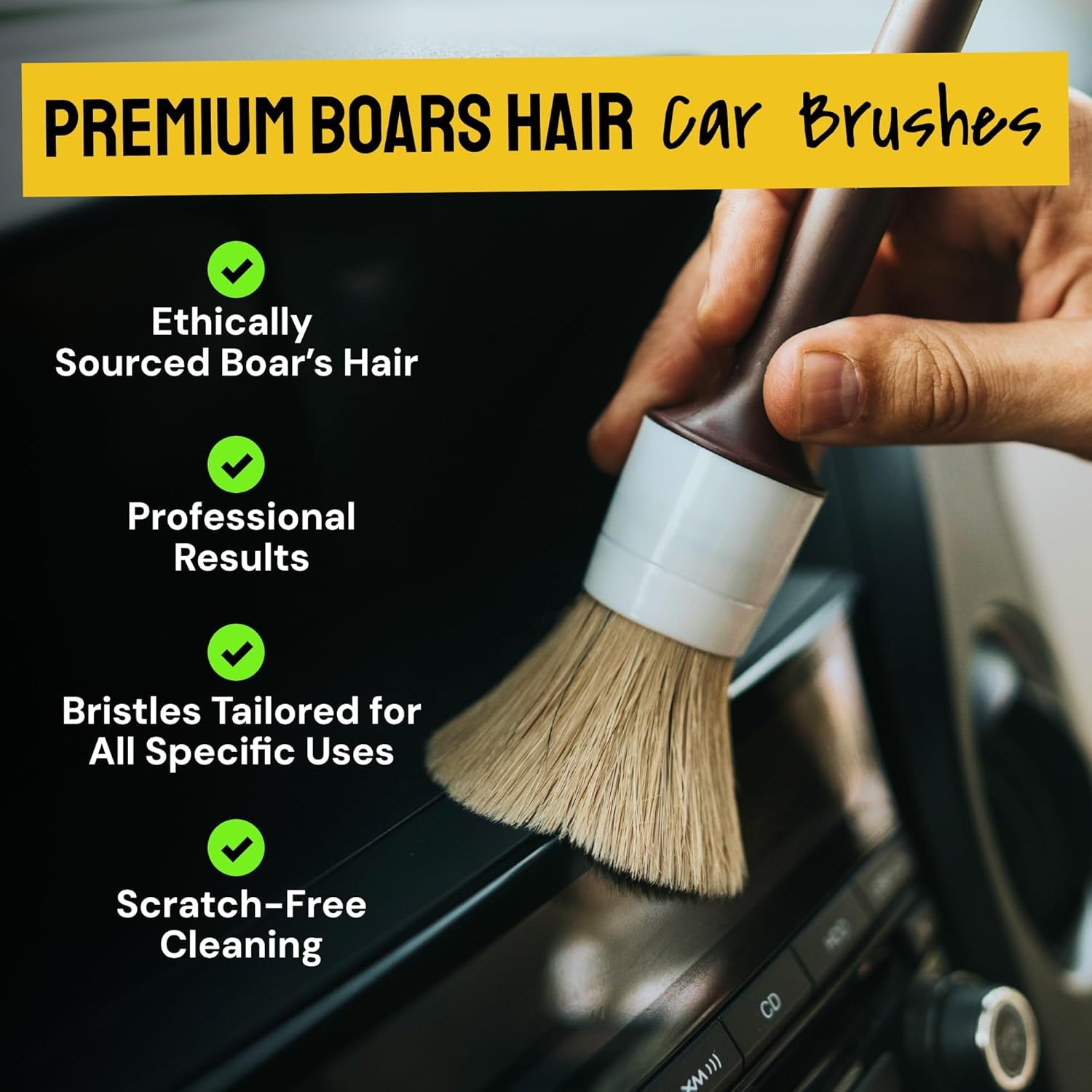 Soft Boars Hair Car Detailing Brush Set for Washing (3 Pack) - Car Detailing Kit - Automotive Cleaning Brush - Revved Up Tools