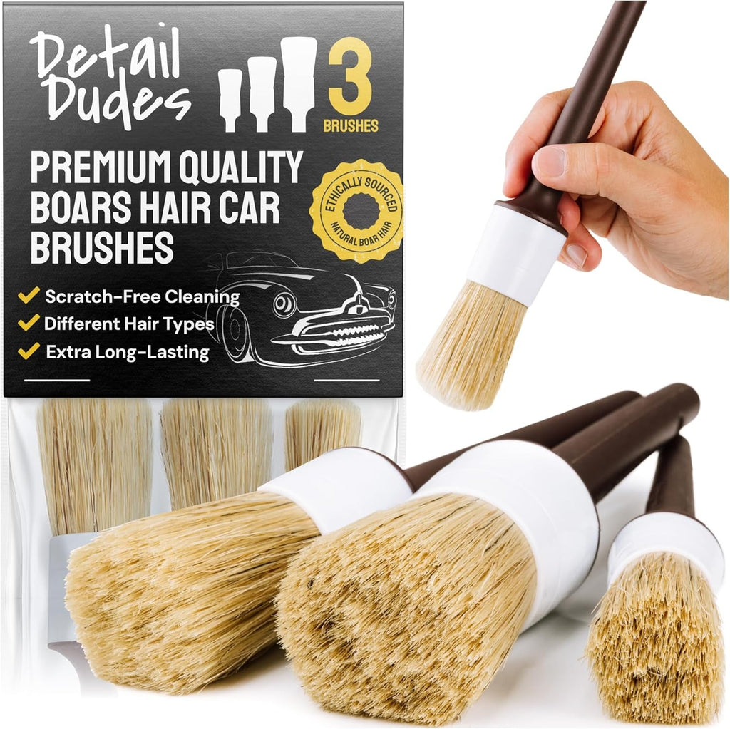 Soft Boars Hair Car Detailing Brush Set for Washing (3 Pack) - Car Detailing Kit - Automotive Cleaning Brush - Revved Up Tools