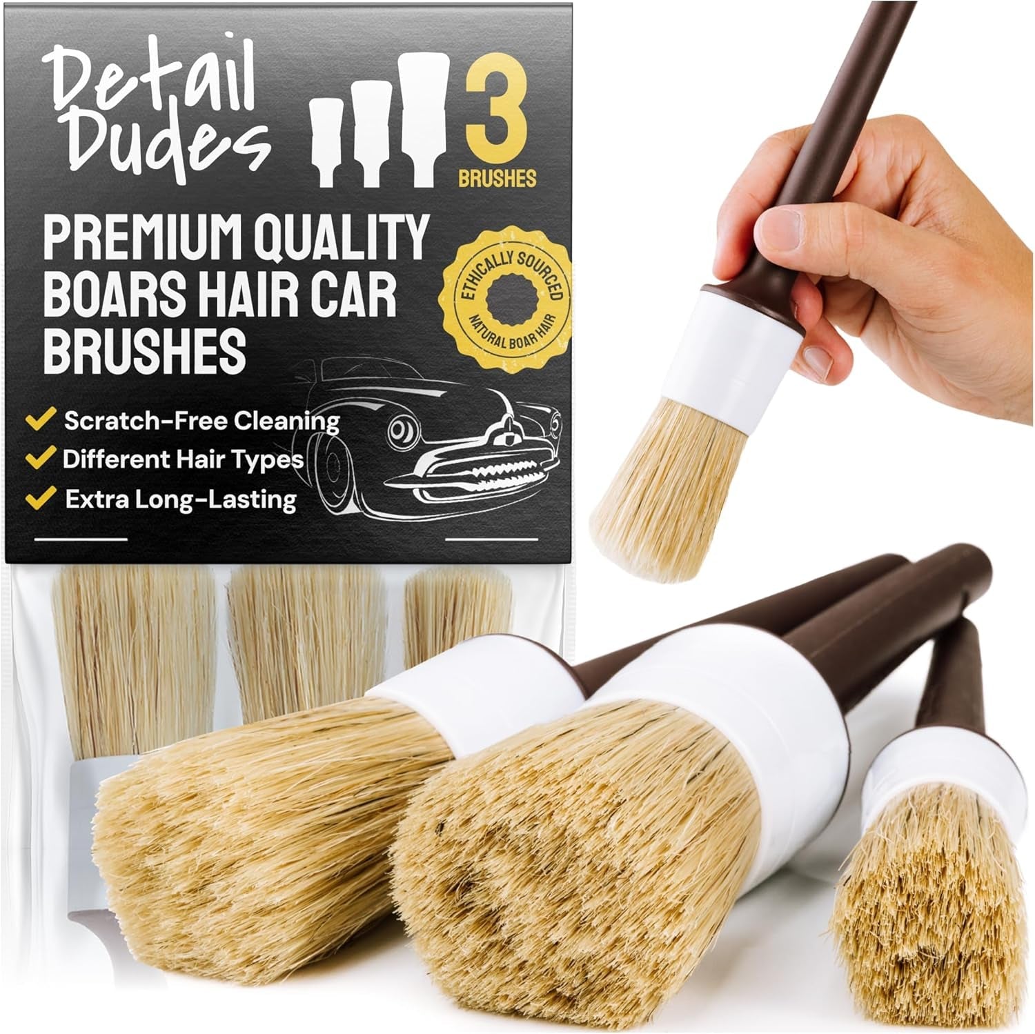 Soft Boars Hair Car Detailing Brush Set for Washing (3 Pack) - Car Detailing Kit - Automotive Cleaning Brush - Revved Up Tools